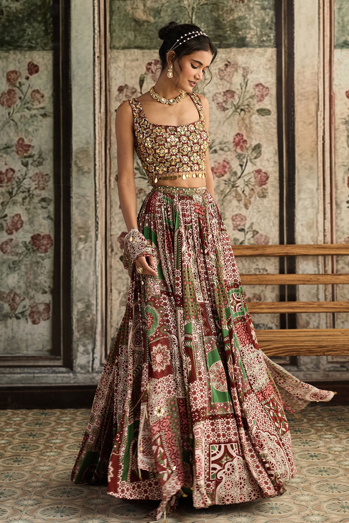 Sage-Maroon Print And Highlighted Square Neck Blouse With Lehenga Set