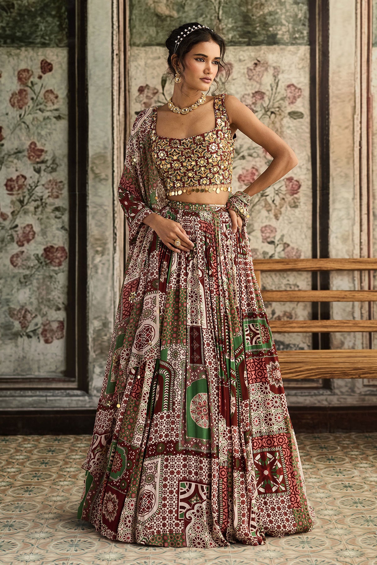 Sage-Maroon Print And Highlighted Square Neck Blouse With Lehenga Set