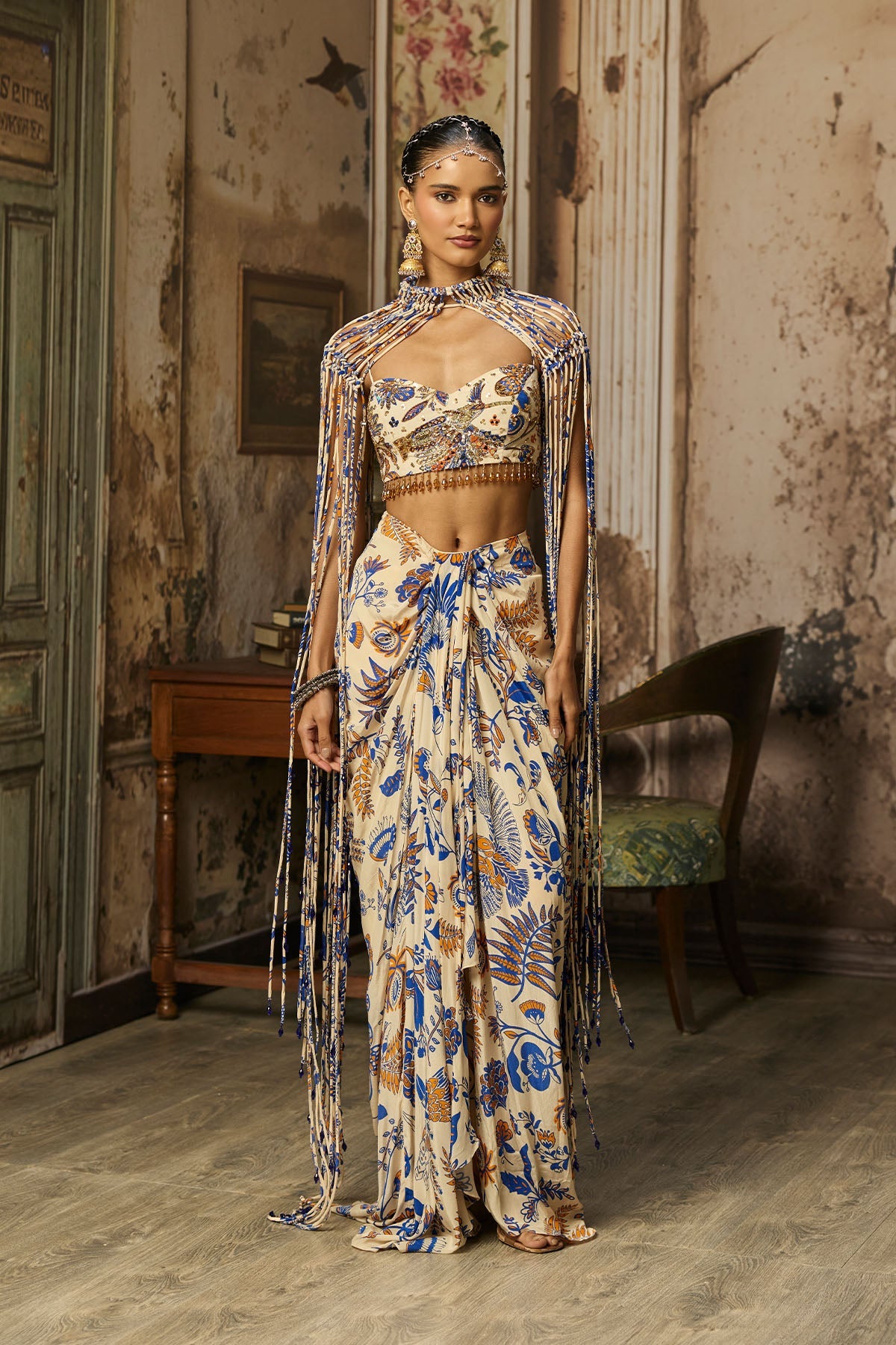 Ivory Printed And Highlighted Blouse With Fringe Jacket & Skirt Set