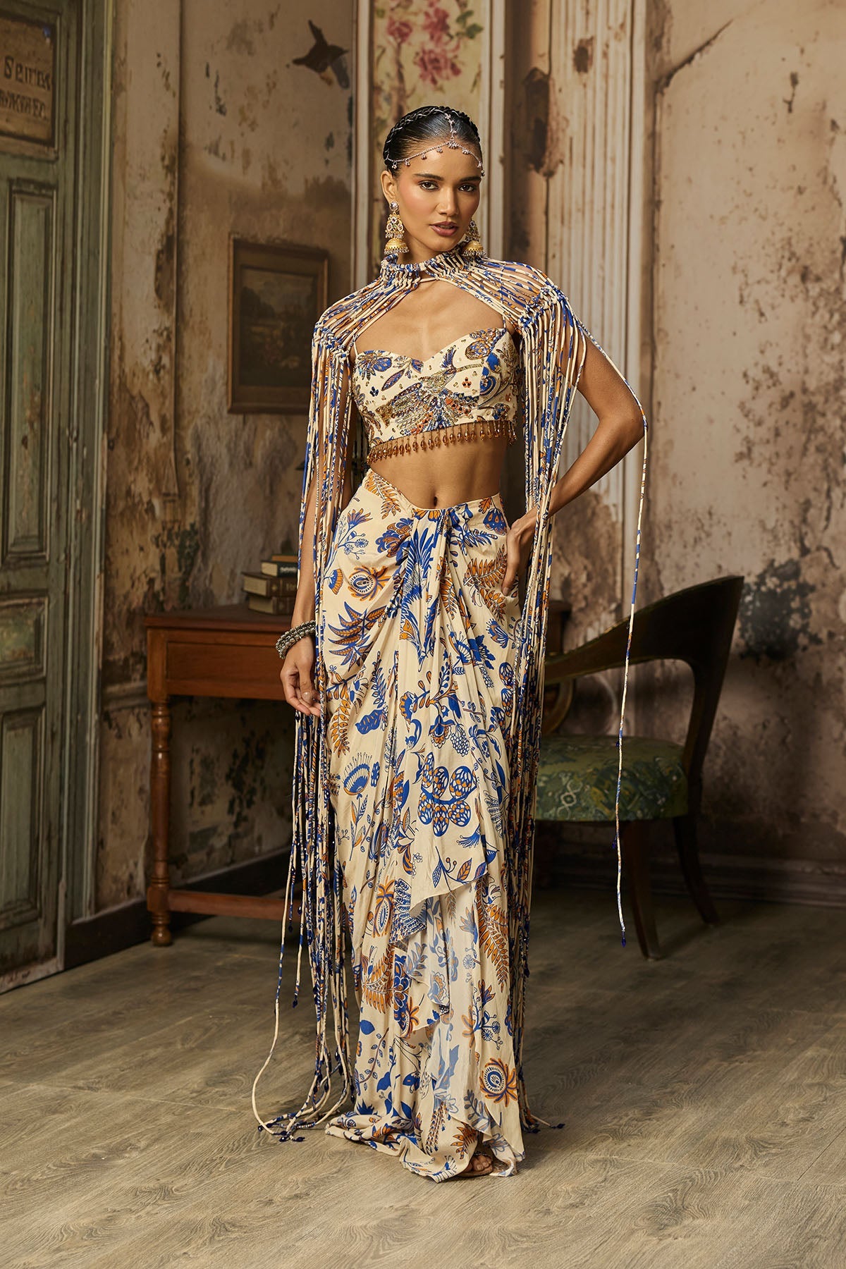 Ivory Printed And Highlighted Blouse With Fringe Jacket & Skirt Set