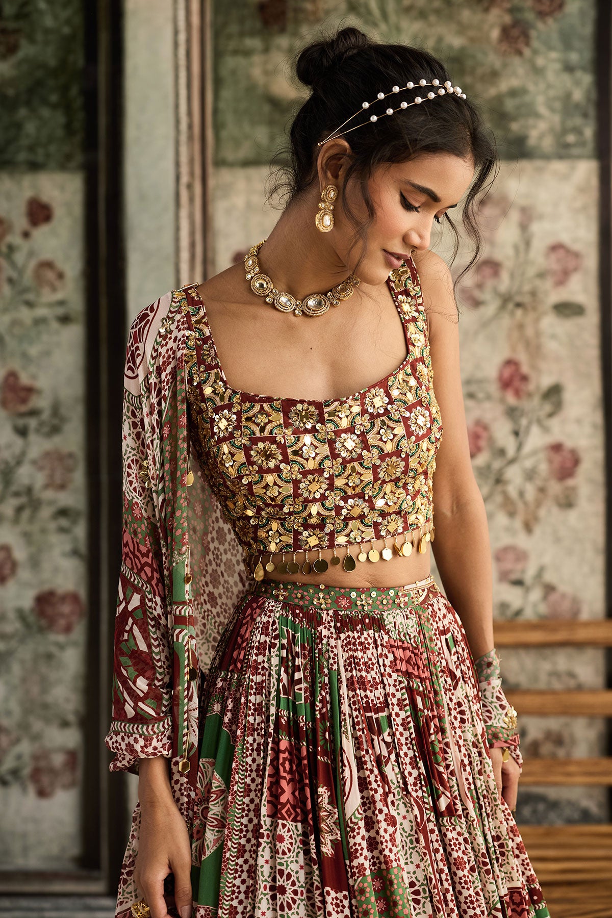 Simran in Sage-Maroon Print And Highlighted Square Neck Blouse With Lehenga Set
