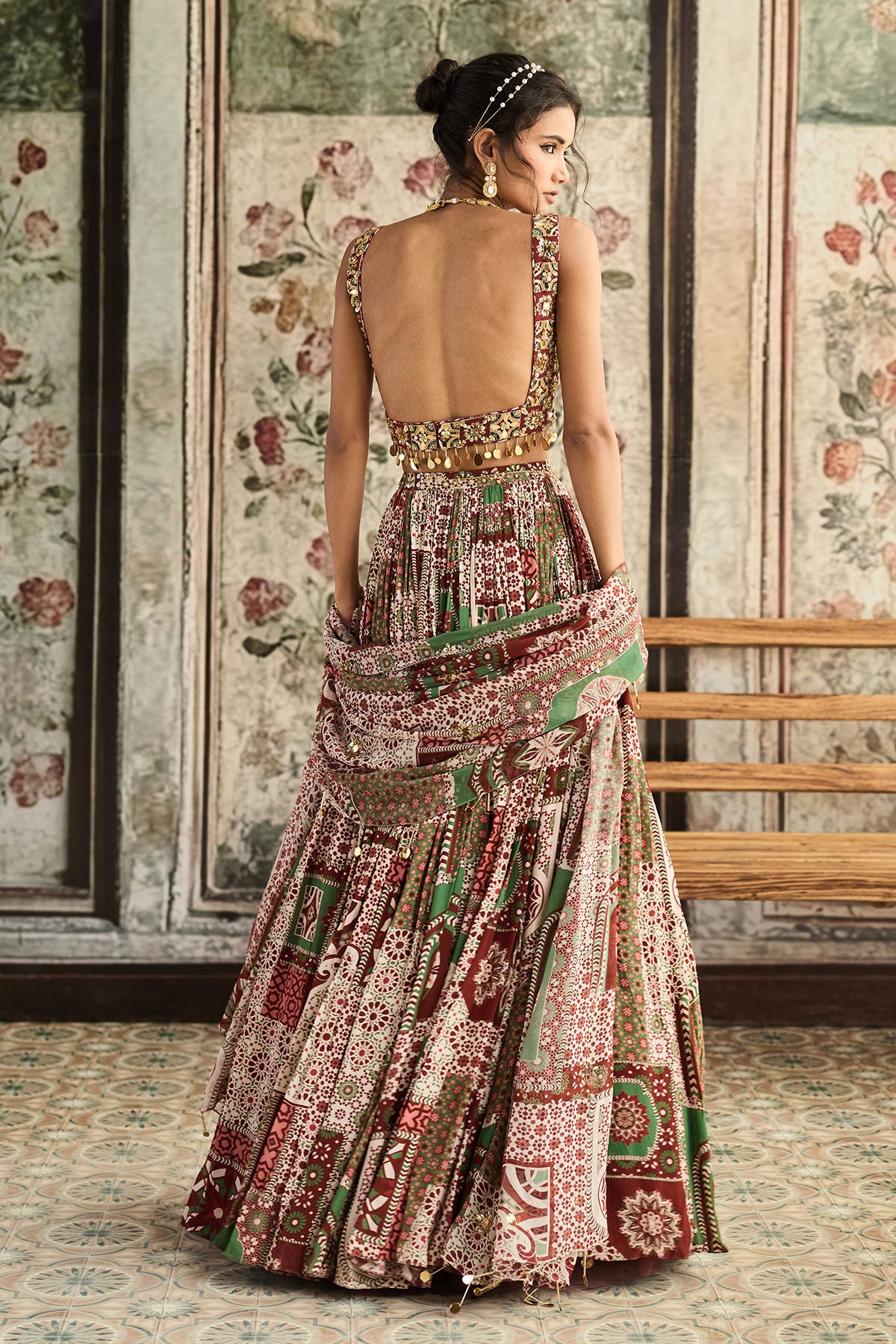 Sage-Maroon Print And Highlighted Corset Blouse Lehenga Set