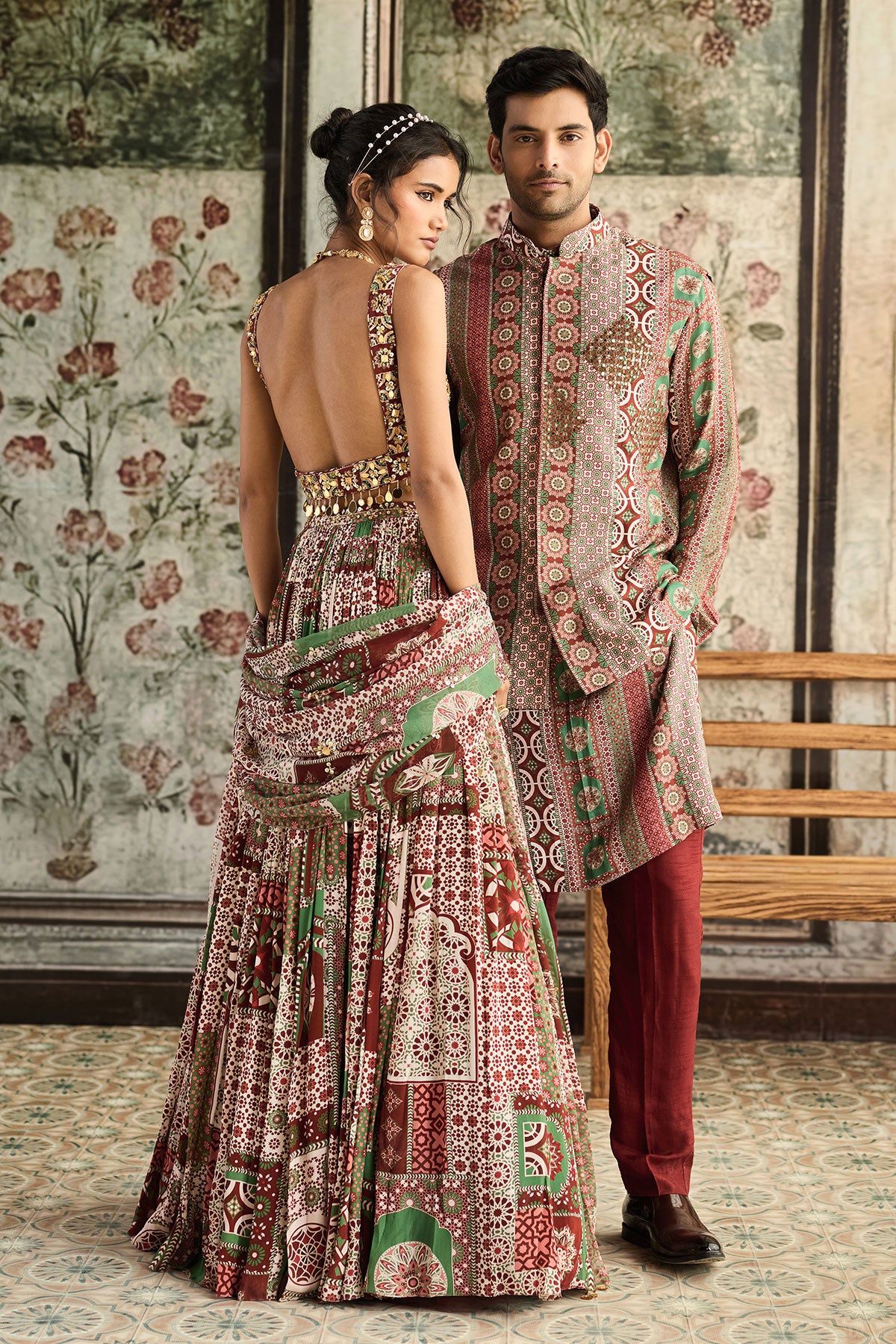 Simran in Sage-Maroon Print And Highlighted Square Neck Blouse With Lehenga Set