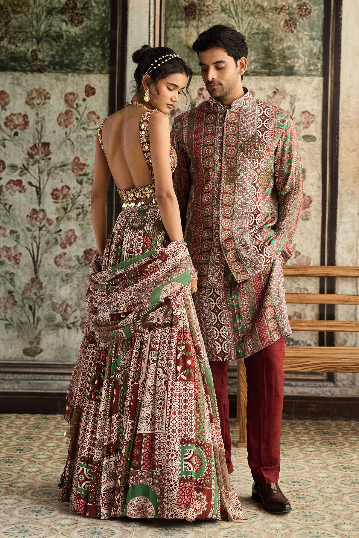 Simran in Sage-Maroon Print And Highlighted Square Neck Blouse With Lehenga Set