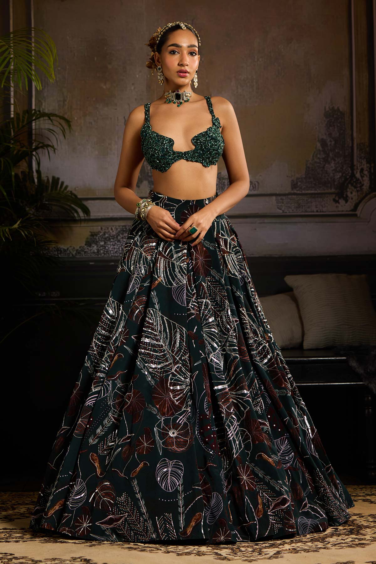 DARK GREEN PRINT AND HIGHLIGHTED LEHENGA SET