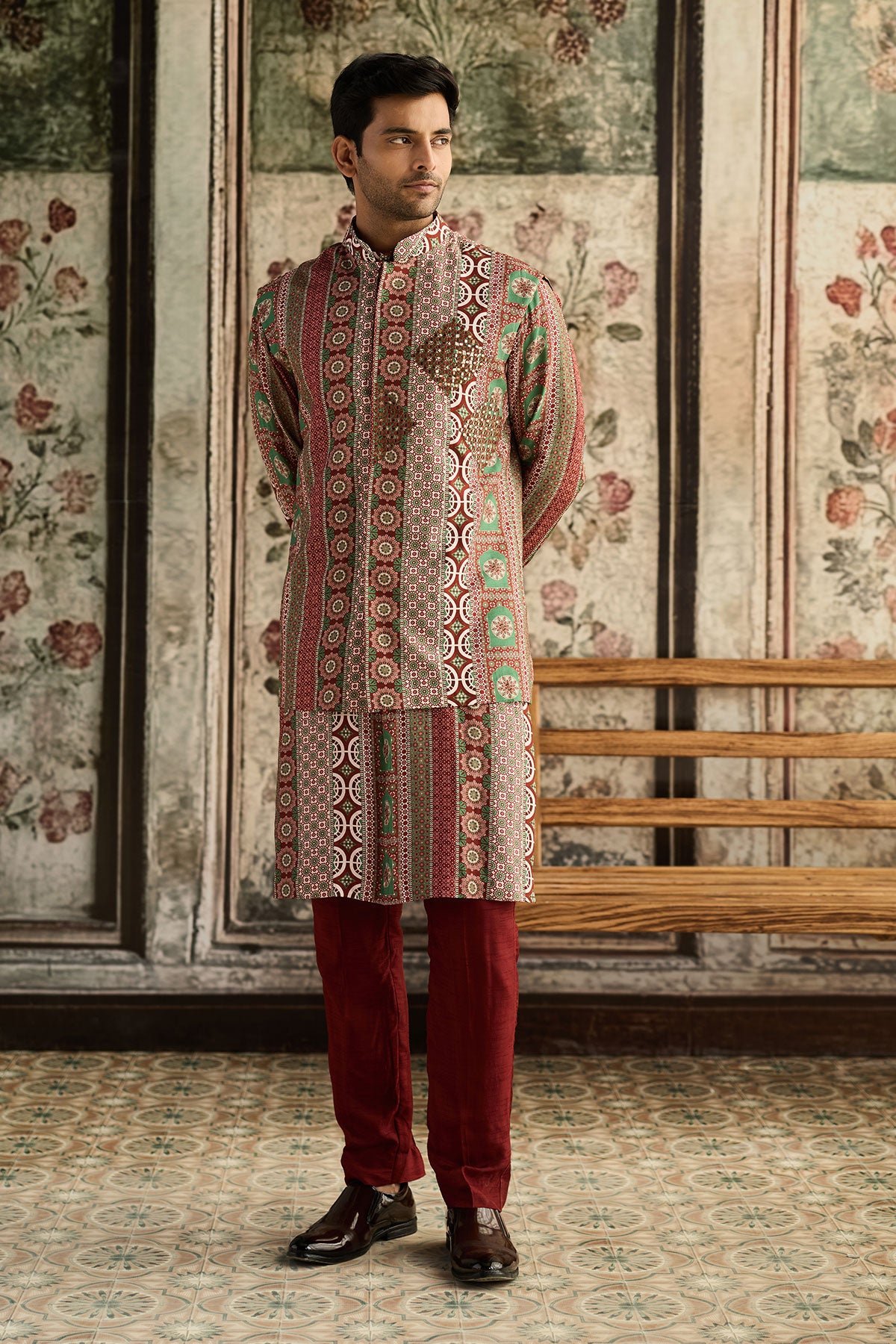 Sage & Maroon Print & Highlighted Bundy,Kurta & Pants