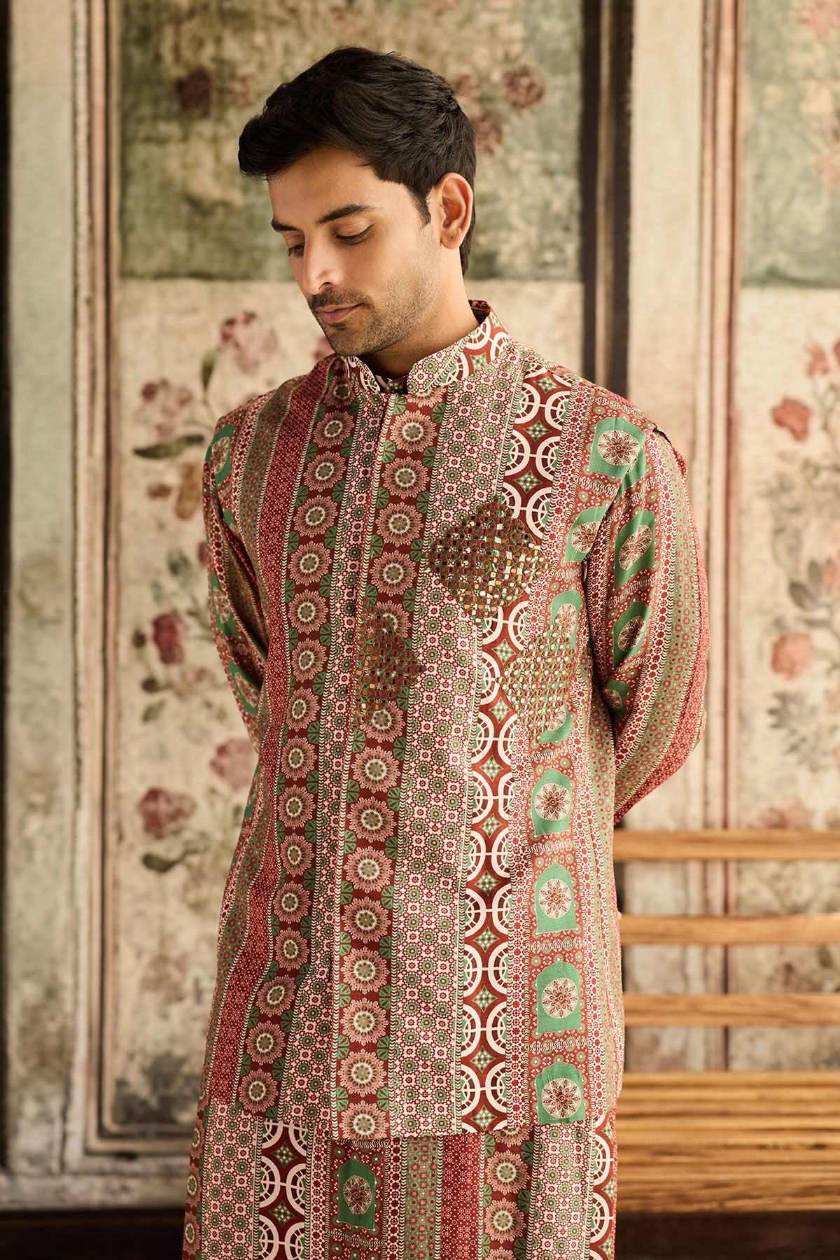 Sage & Maroon Print & Highlighted Bundy,Kurta & Pants