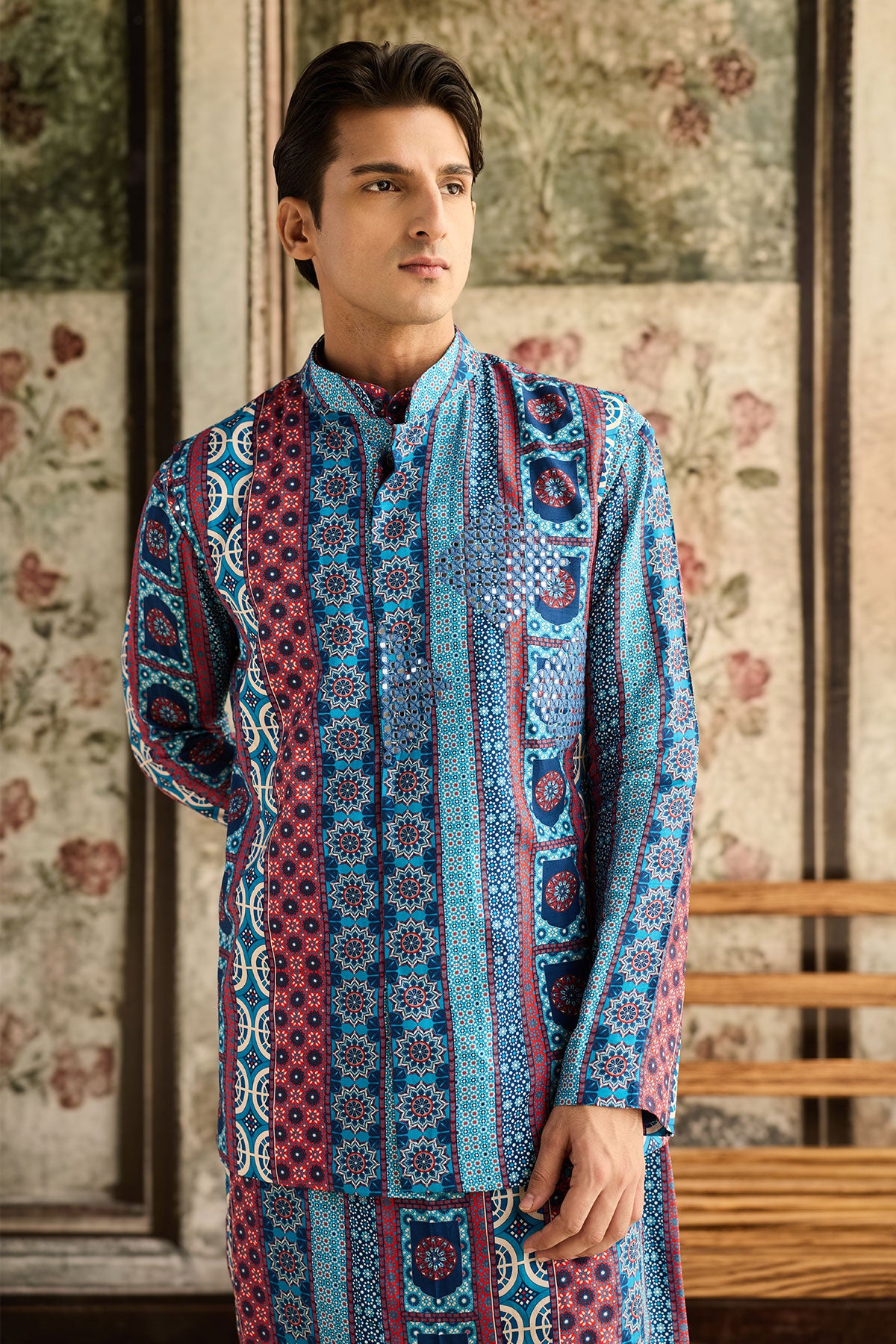 Blue Print & Highlighted Bundy,Kurta And Pants Set
