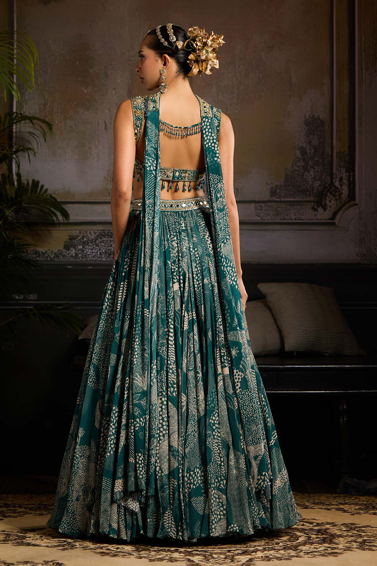 Teal Print and Highlighted Lehenga Set