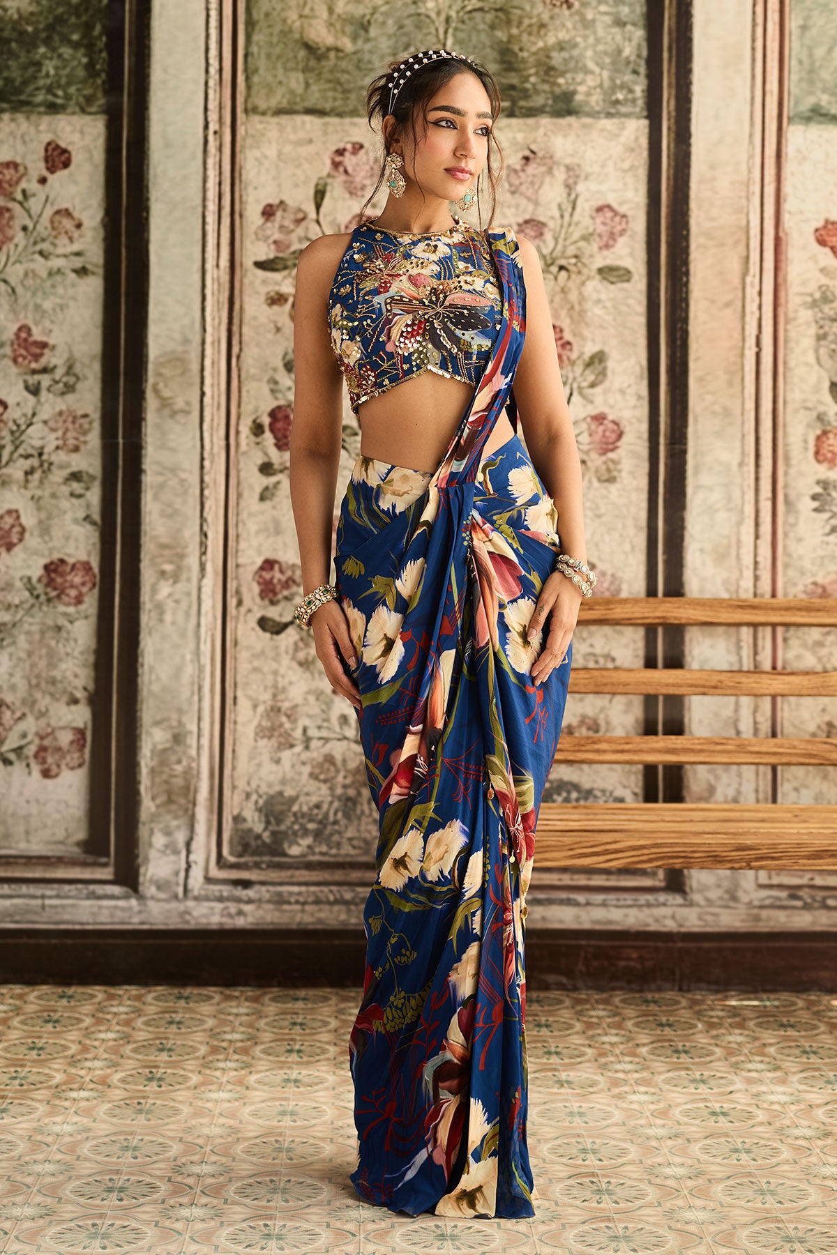 Blue Floral Printed Skirt Saree Set