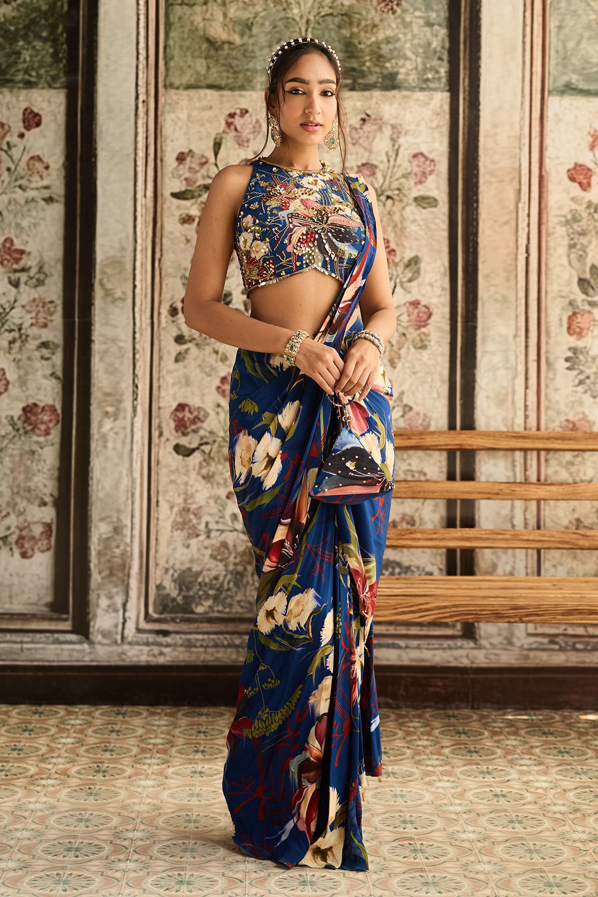 Blue Floral Printed Skirt Saree Set