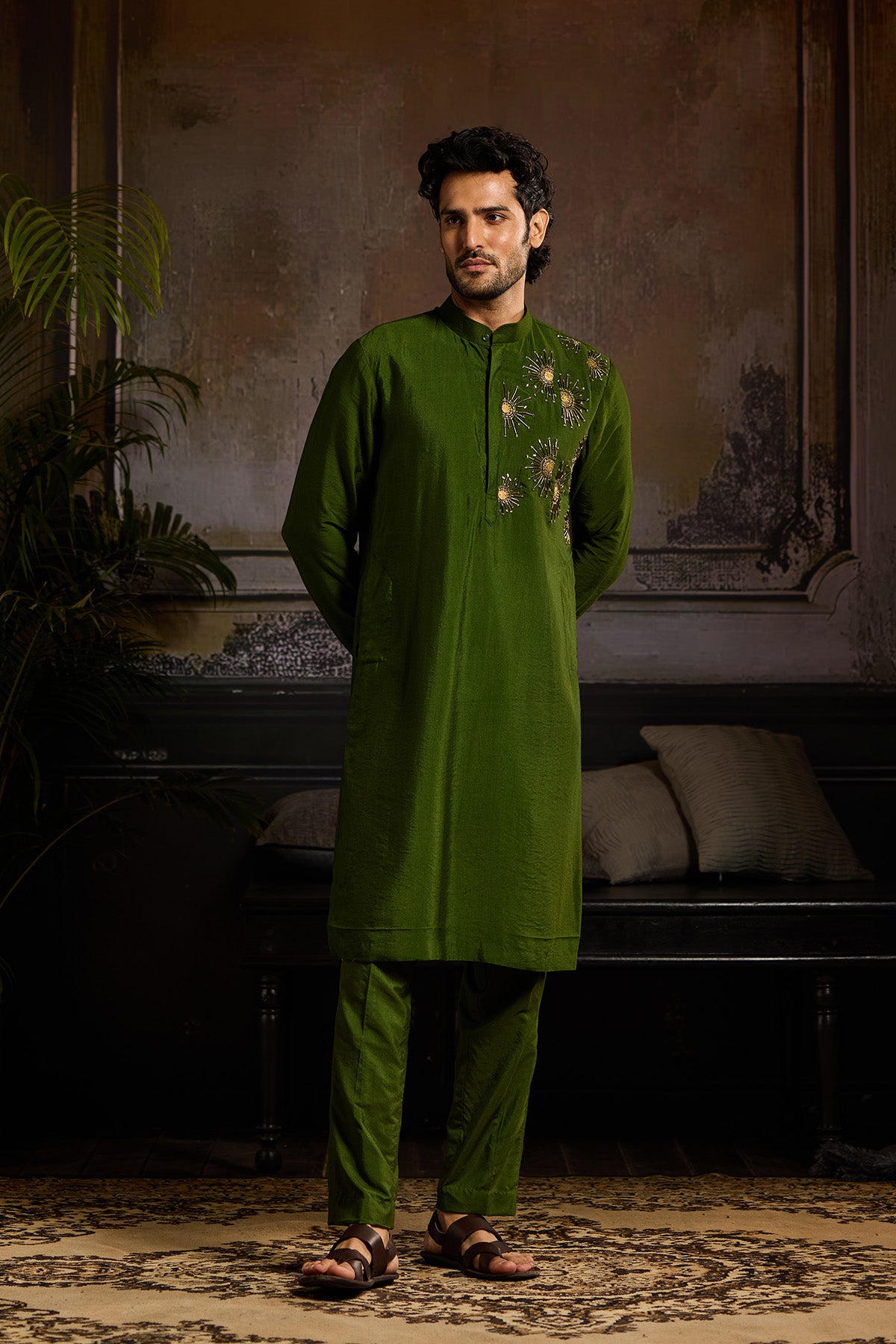 OLIVE GREEN WITH GOLD EMBROIDERED KURTA PAIRED WITH OLIVE GREEN PANTS