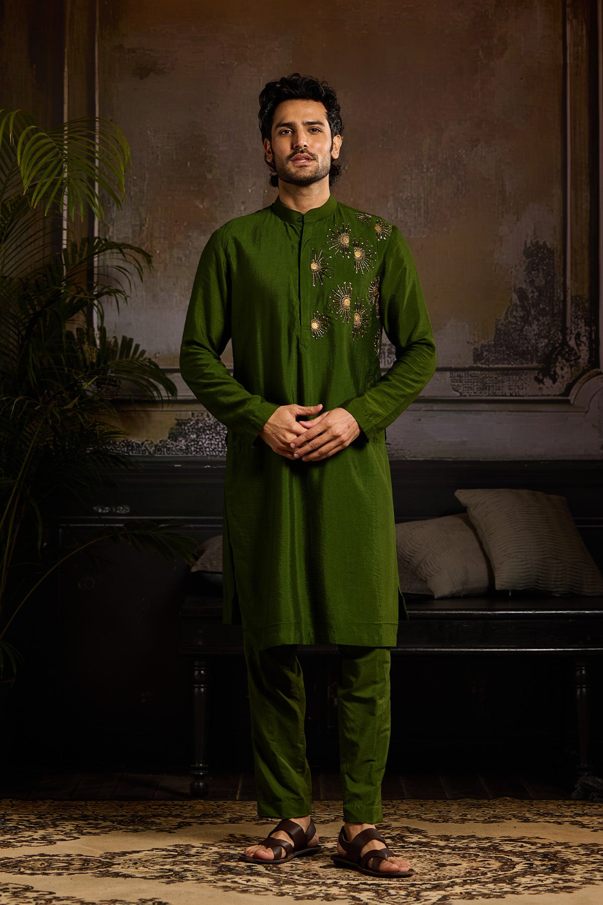 OLIVE GREEN WITH GOLD EMBROIDERED KURTA PAIRED WITH OLIVE GREEN PANTS