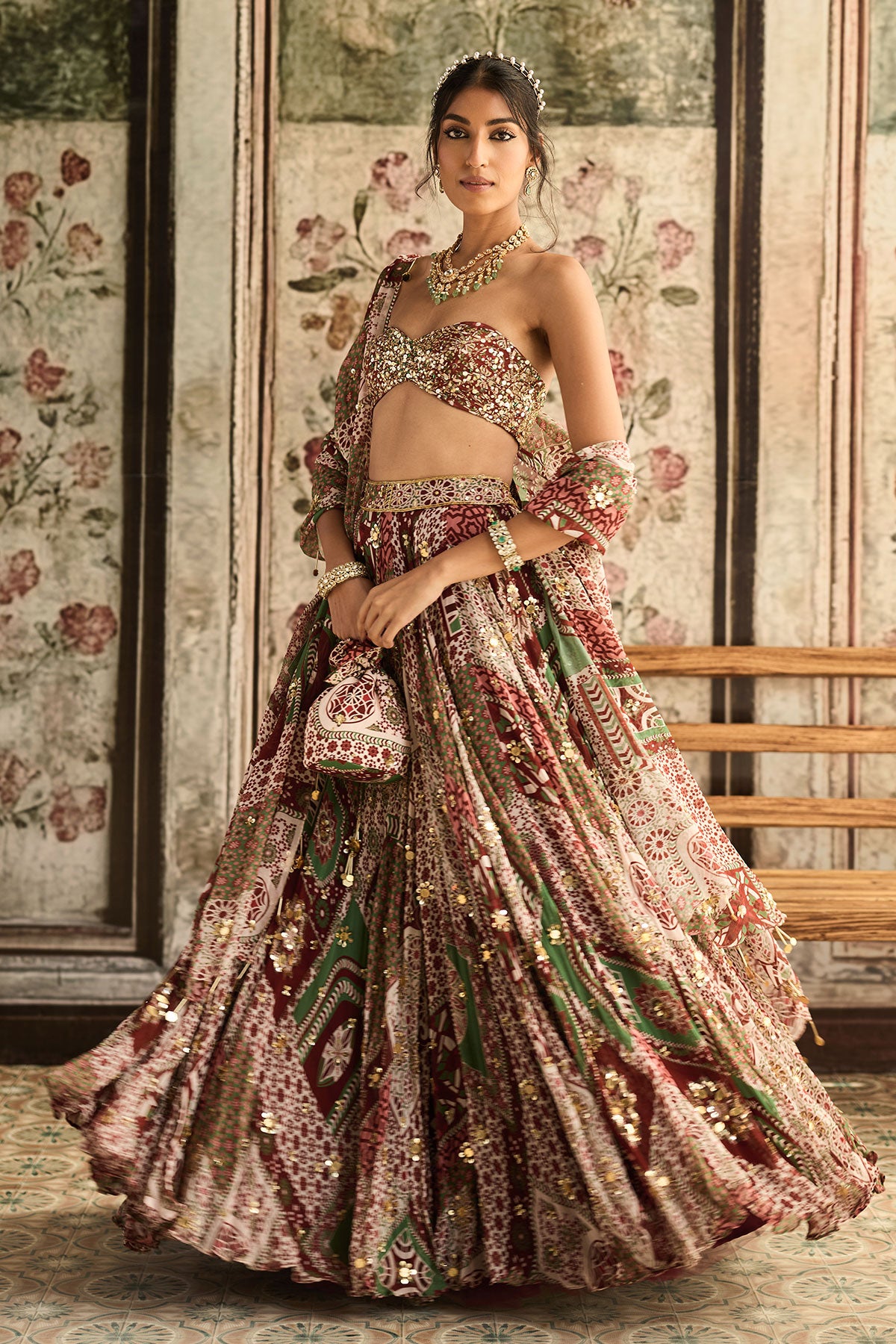 Niki Mehra in Sage-Maroon Print And Highlighted Strapless Blouse With Lehenga Set