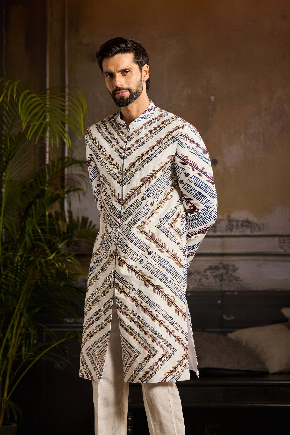 WHITE CHEVRON PRINT JACKET WITH WHITE PANTS