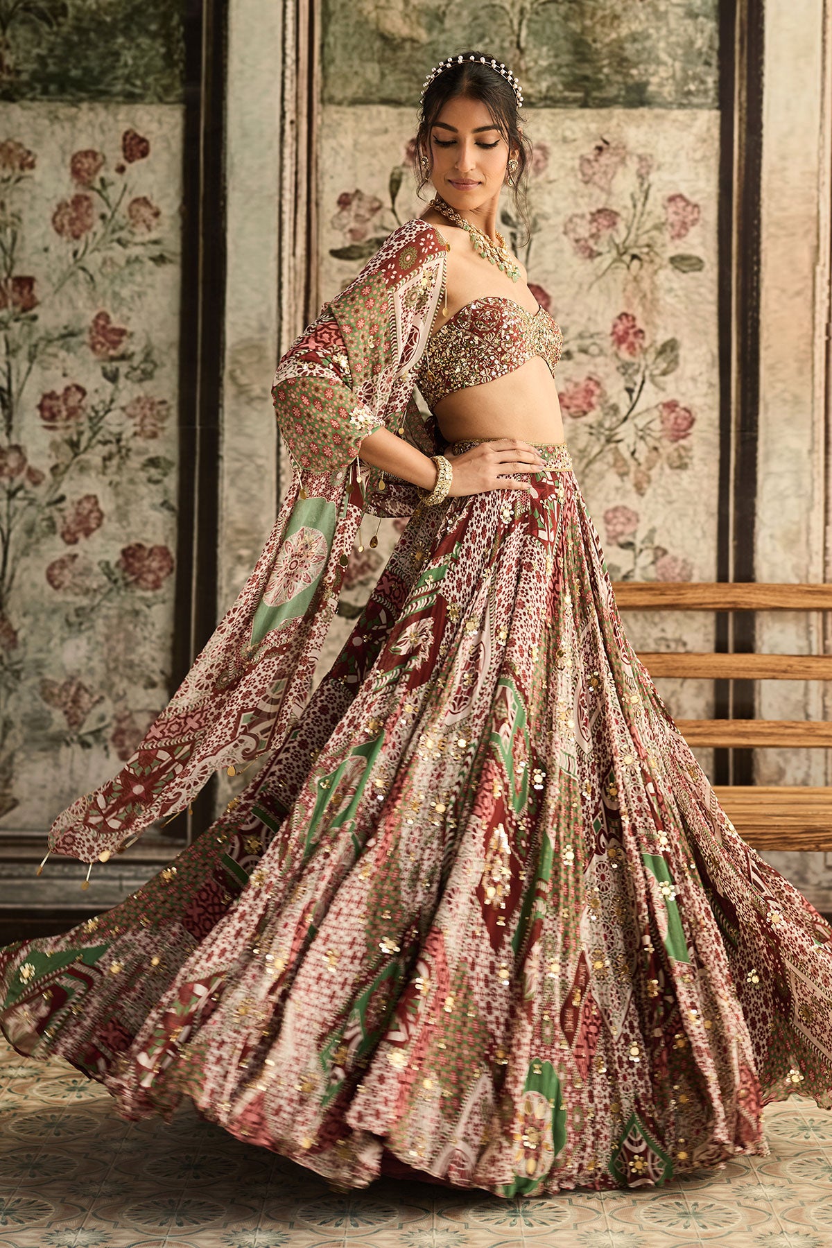 Niki Mehra in Sage-Maroon Print And Highlighted Strapless Blouse With Lehenga Set