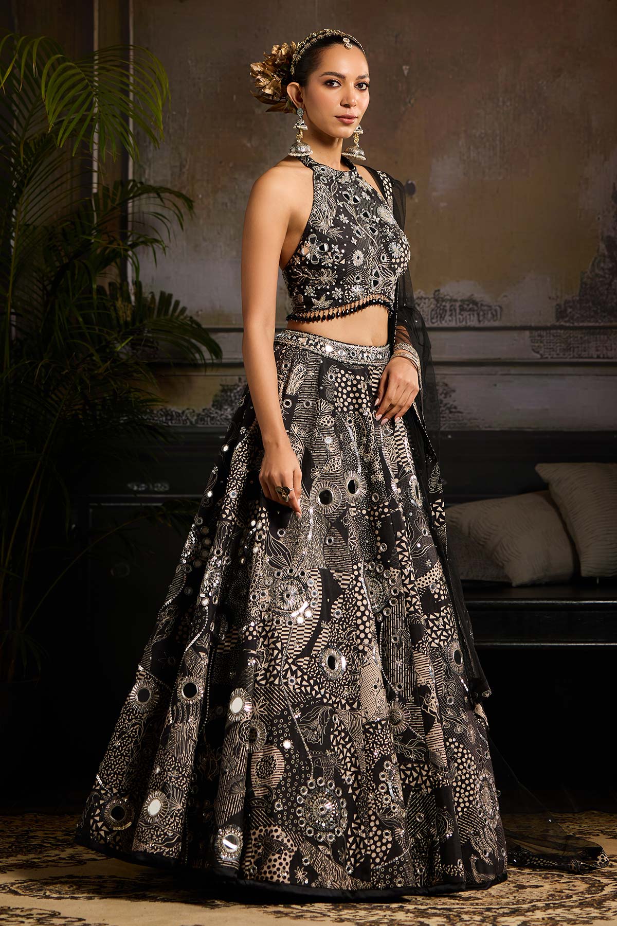 Black Print and Highlighted Lehenga Set