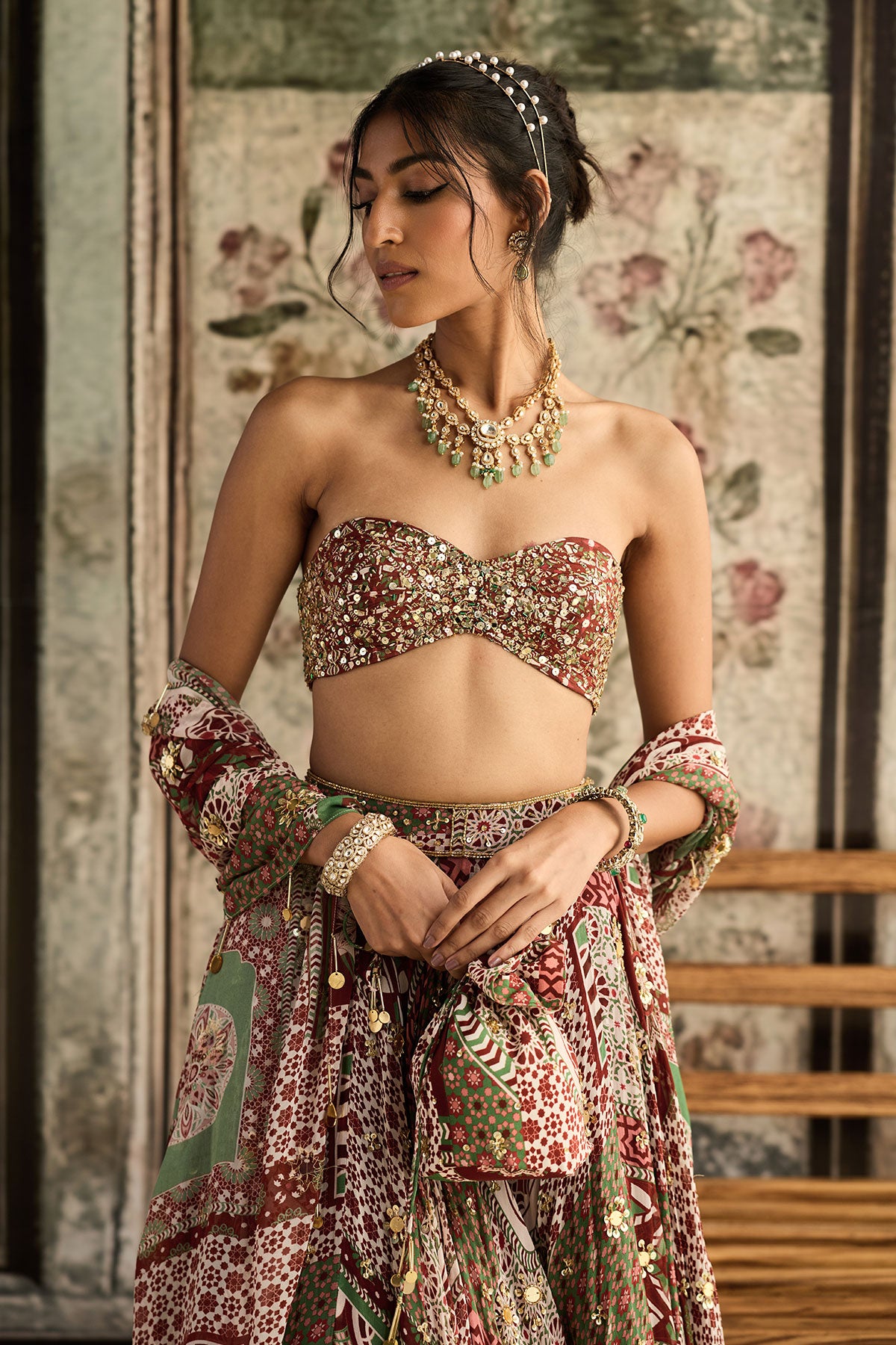 Niki Mehra in Sage-Maroon Print And Highlighted Strapless Blouse With Lehenga Set