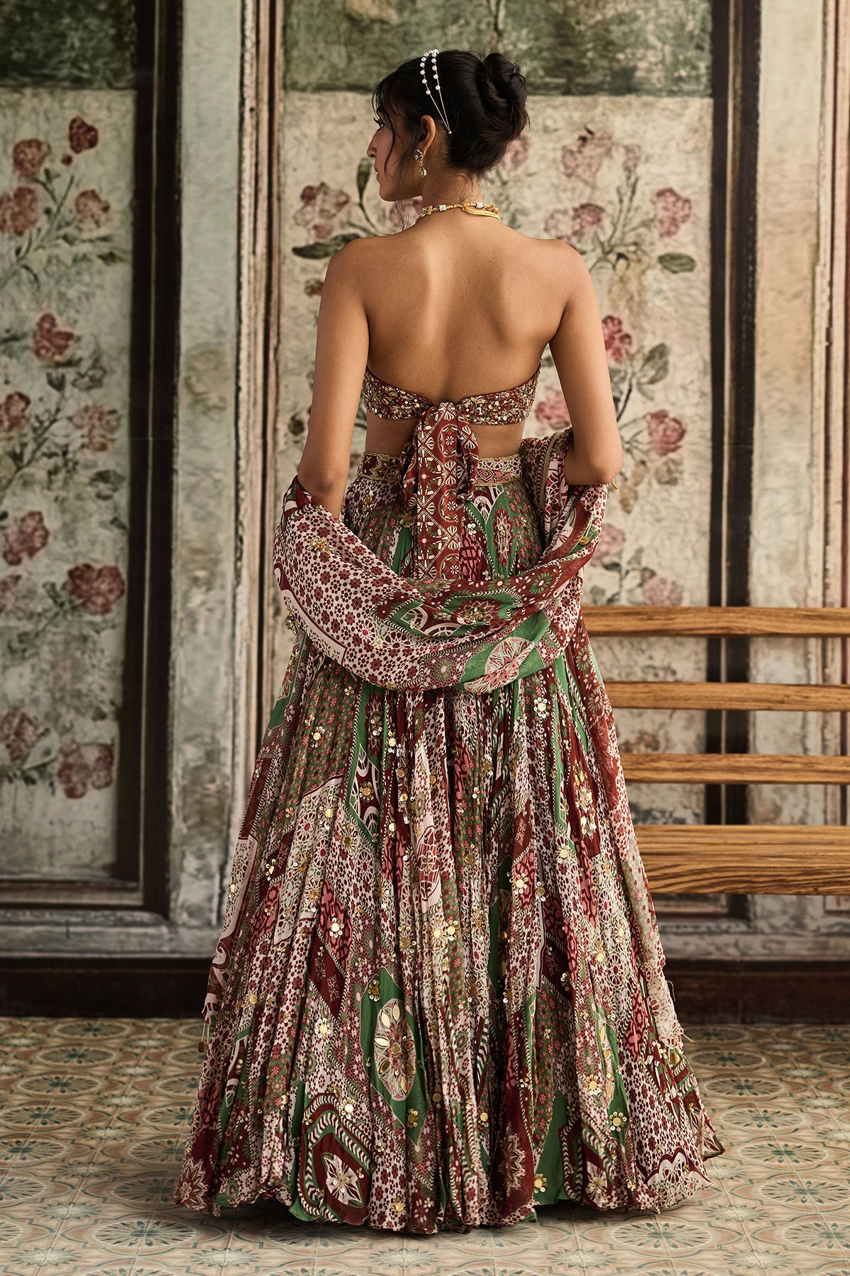 Niki Mehra in Sage-Maroon Print And Highlighted Strapless Blouse With Lehenga Set
