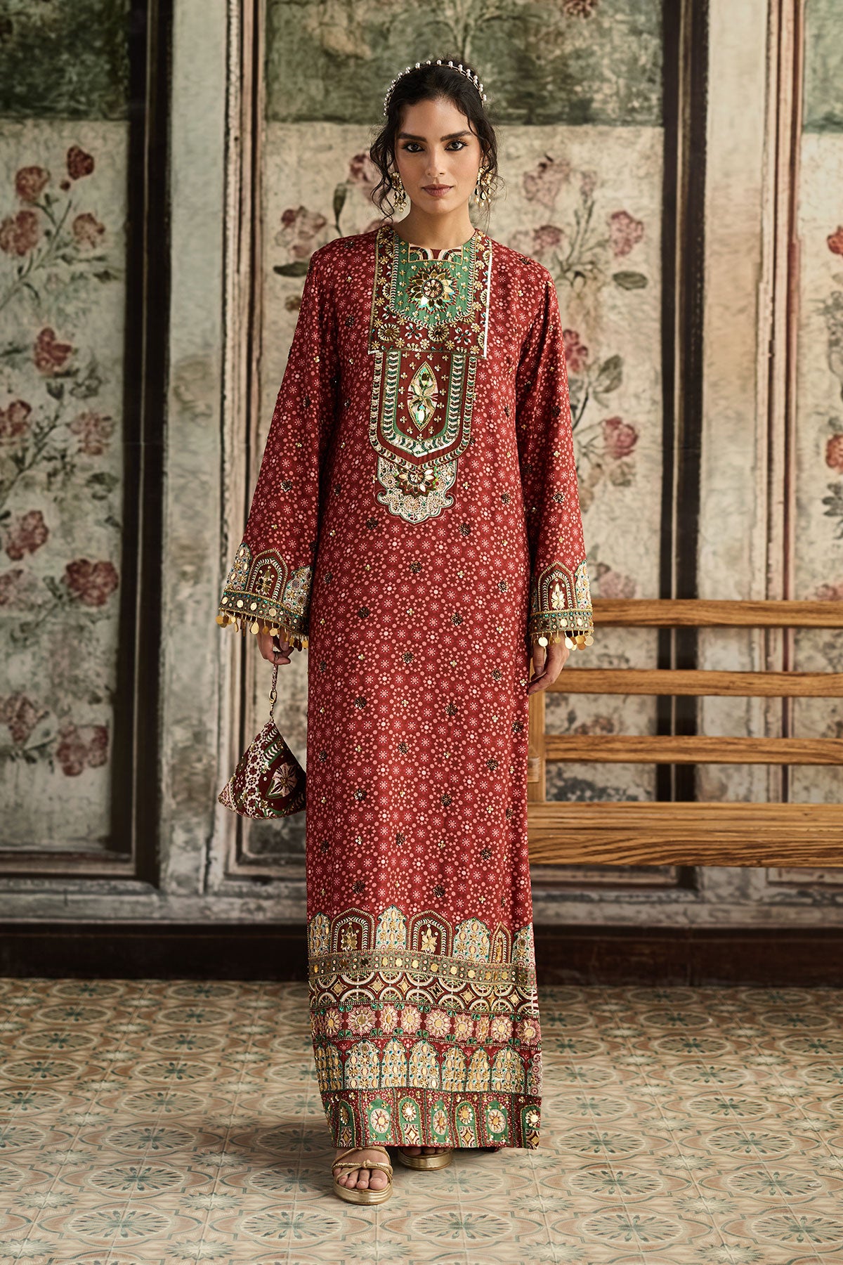 Sage-Maroon Print And Highlighted Kaftan