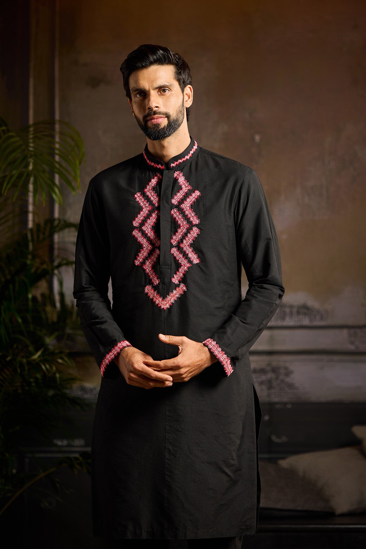 BLACK WITH MAROON EMBROIDERED KURTA PAIRED WITH BLACK PANTS