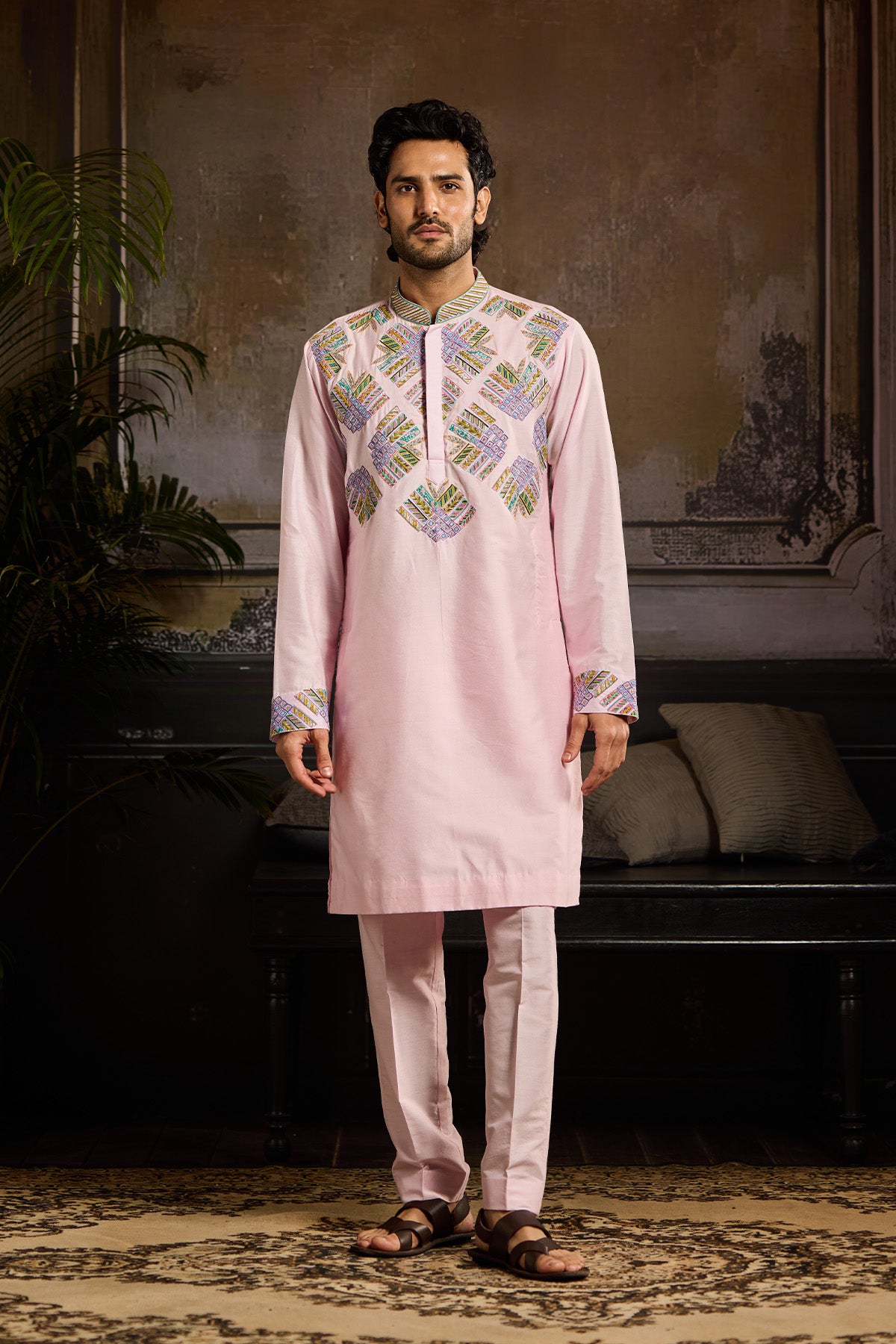 BLUSH PINK FAN BUTTA EMBROIDERED KURTA PAIRED WITH BLUSH PINK PANTS