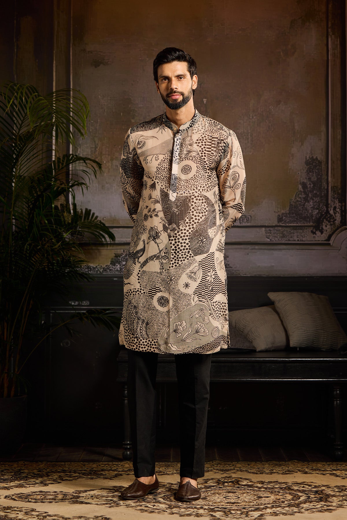 BEIGE & BLACK PRINTED KURTA PAIRED WITH BLACK PANTS