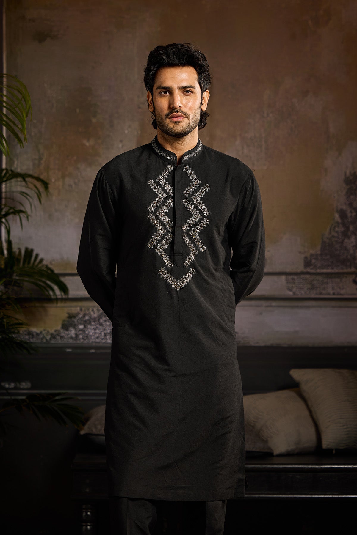 BLACK GUNMETAL EMBROIDERED KURTA PAIRED WITH BLACK PANTS