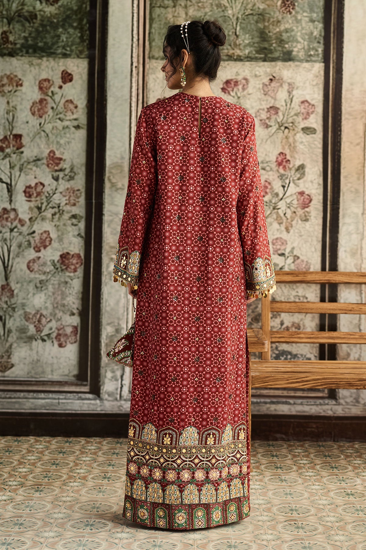 Sage-Maroon Print And Highlighted Kaftan