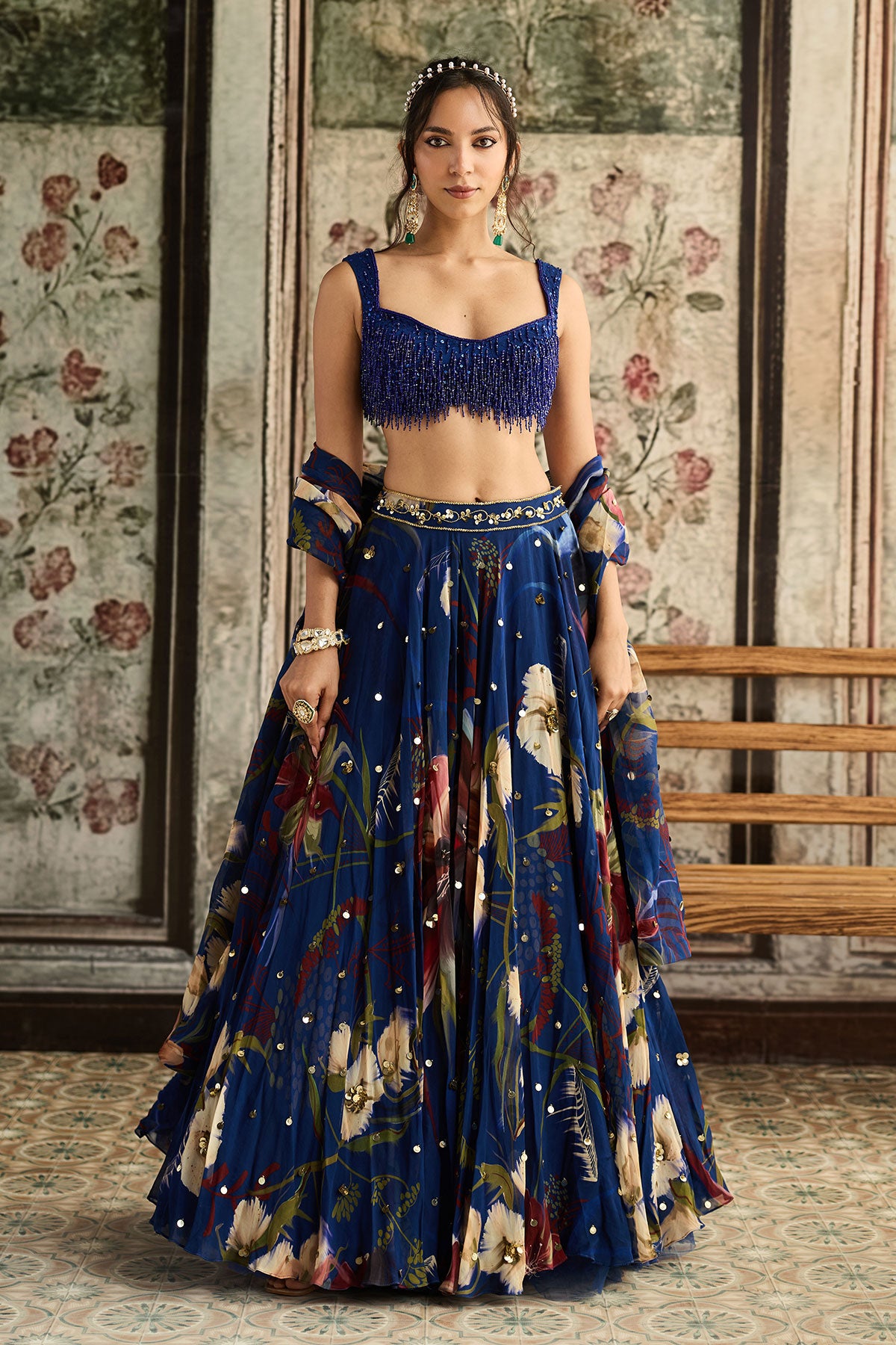 Blue Floral Print And Highlighted Lehenga Set