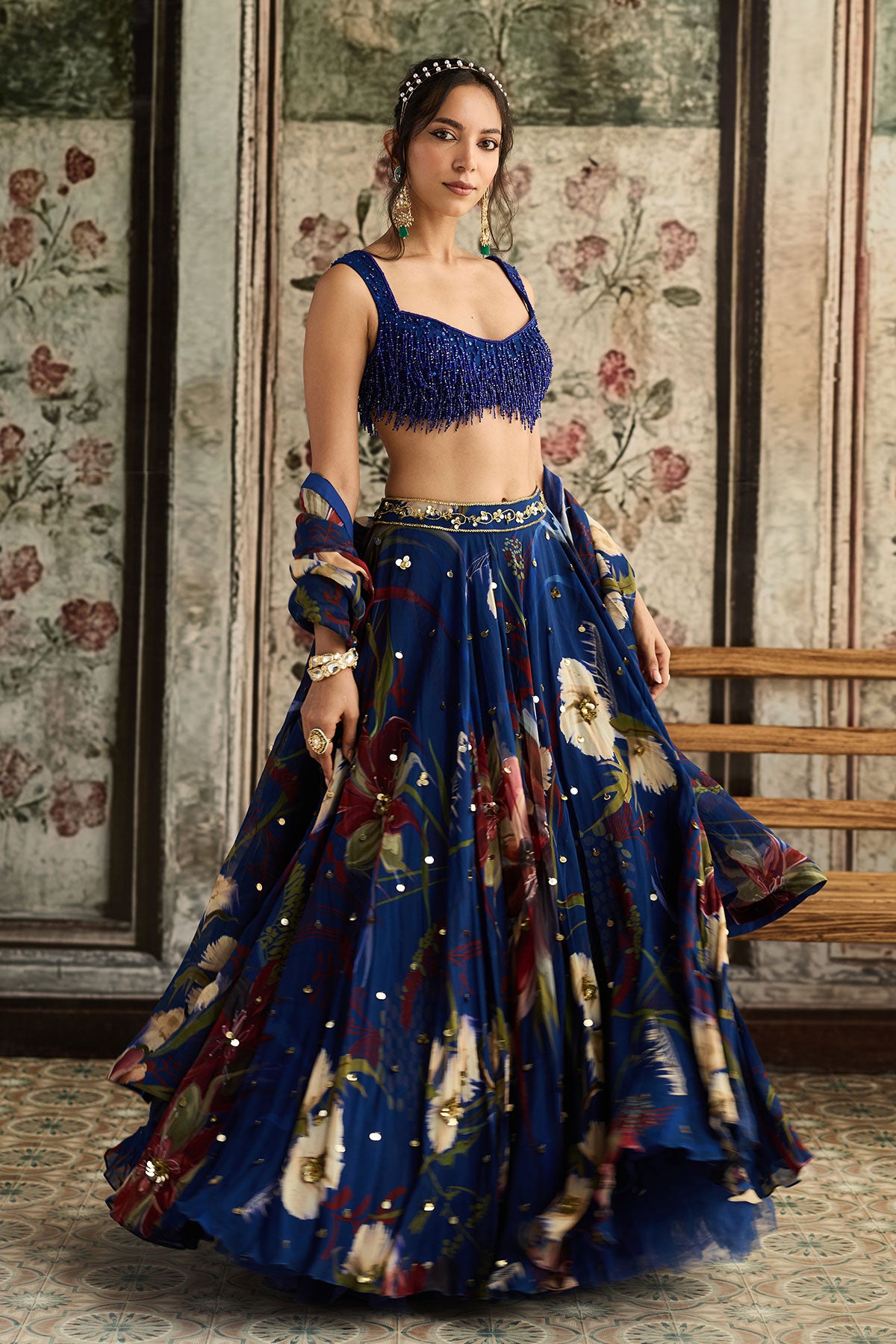 Blue Floral Print And Highlighted Lehenga Set