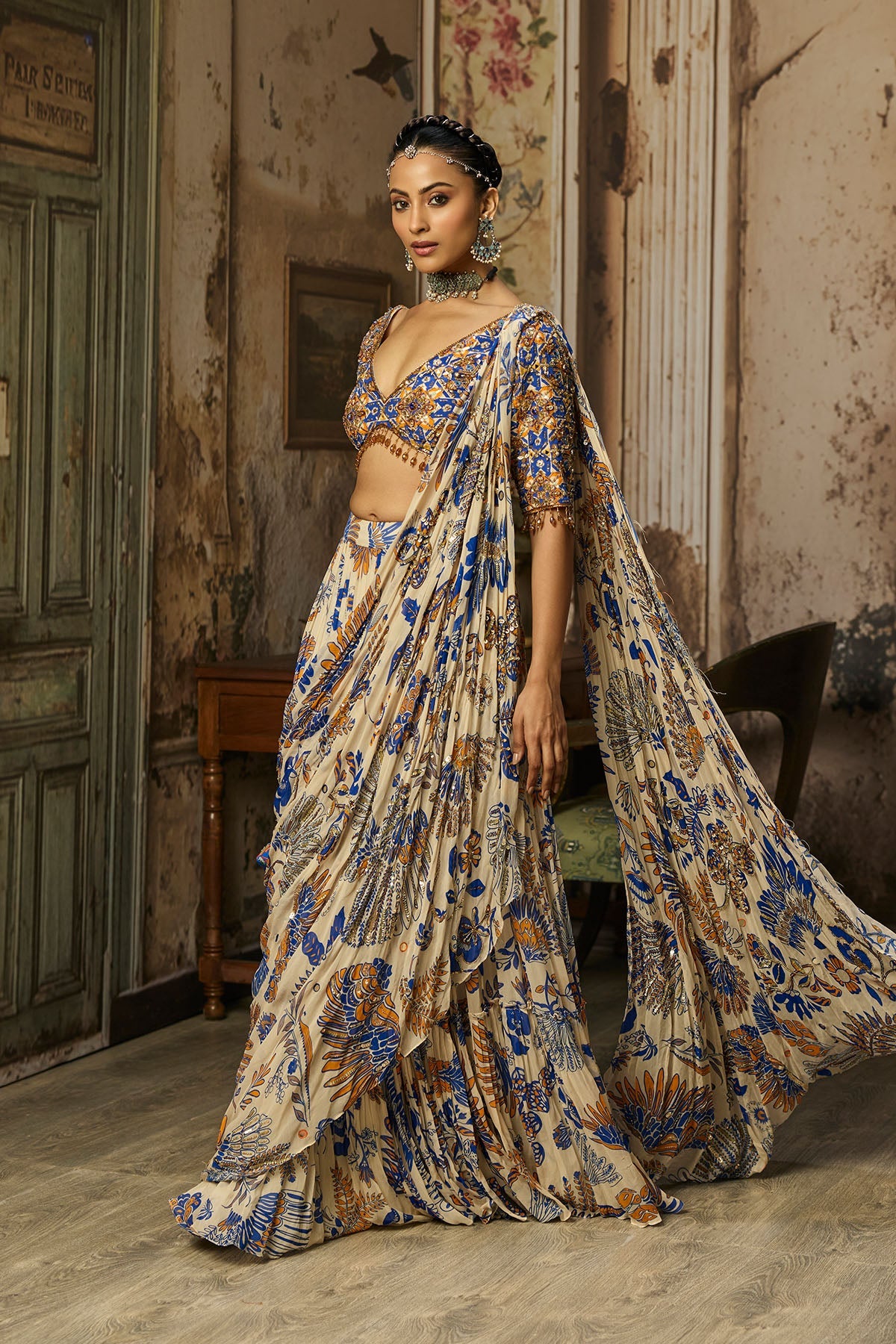 Ivory Printed And Highlighted Sharara Pants Saree Set