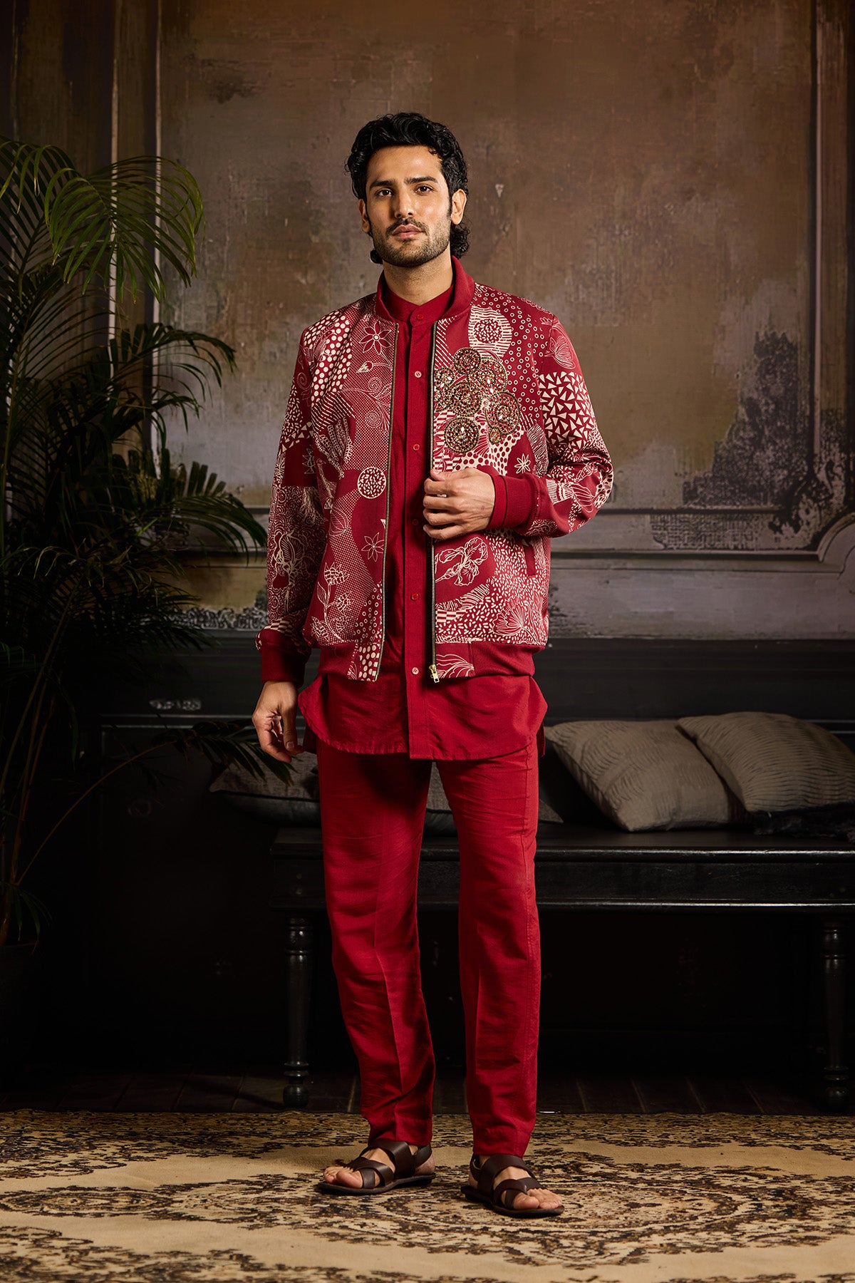 MAROON PRINT BOMBER JACKET PAIRED WITH MAROON KURTA SHIRT AND PANTS
