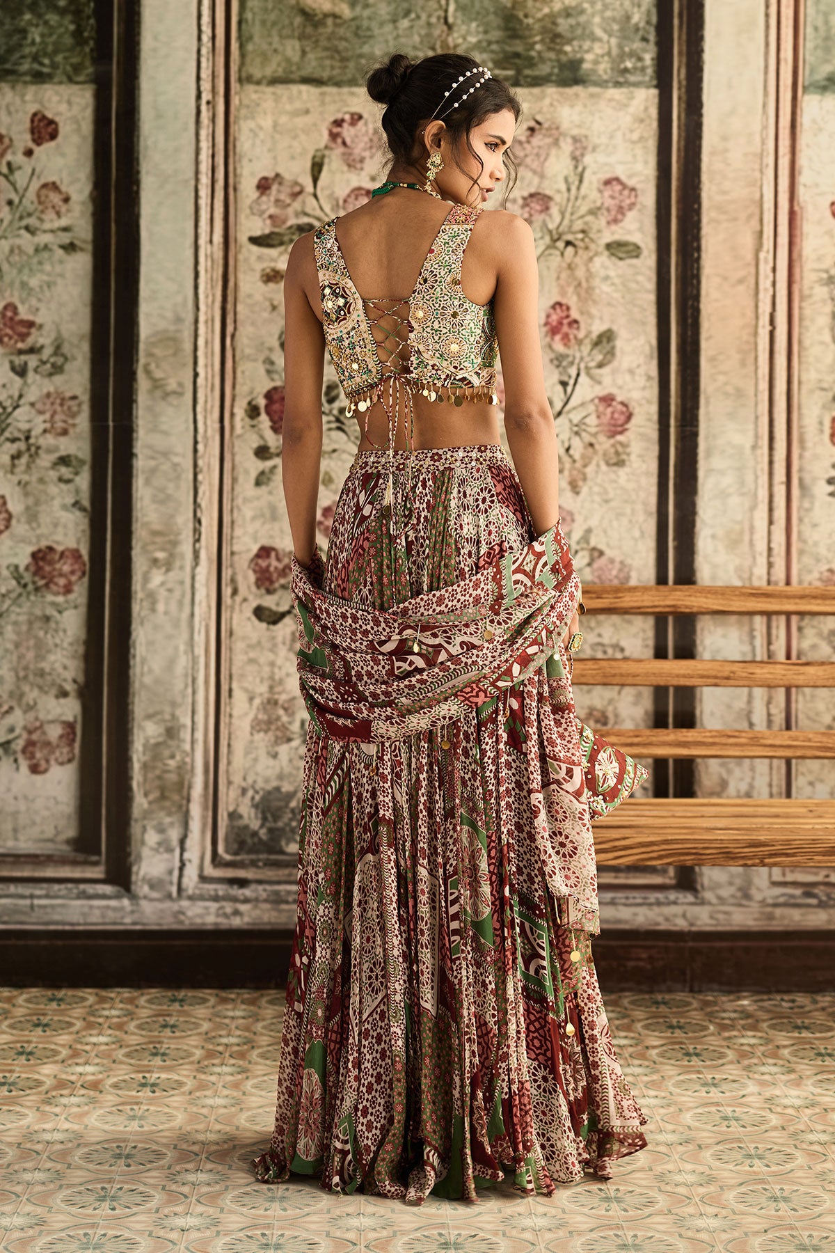 Sage-Maroon Print And Highlighted Lehenga Set