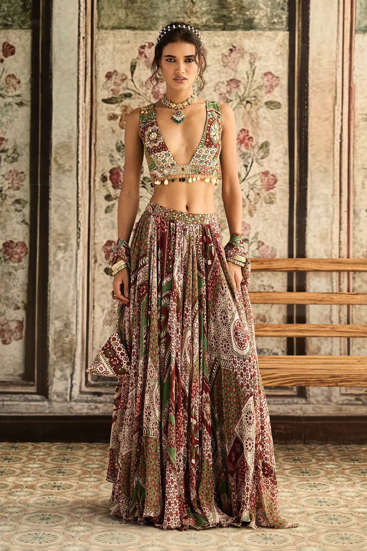 Sage-Maroon Print And Highlighted Lehenga Set