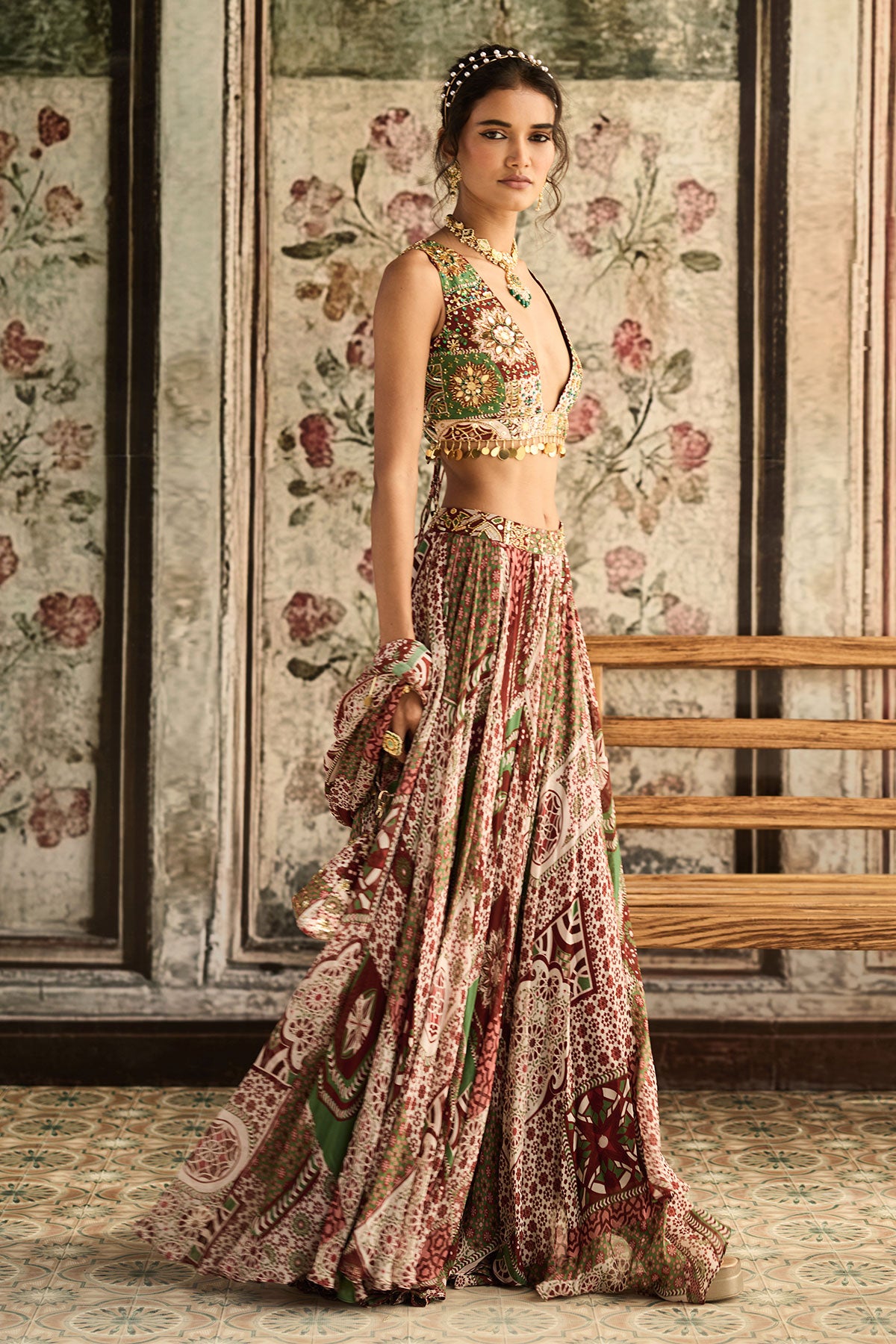 Sage-Maroon Print And Highlighted Lehenga Set
