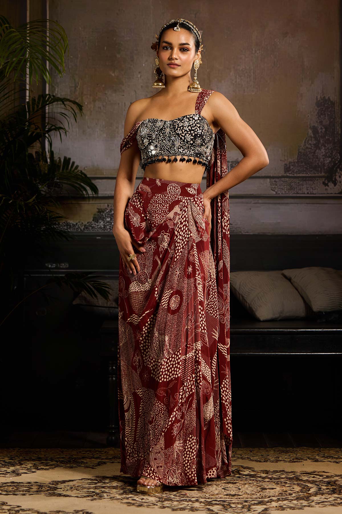 Maroon & Black Print and Highlighted Co-Ord Set