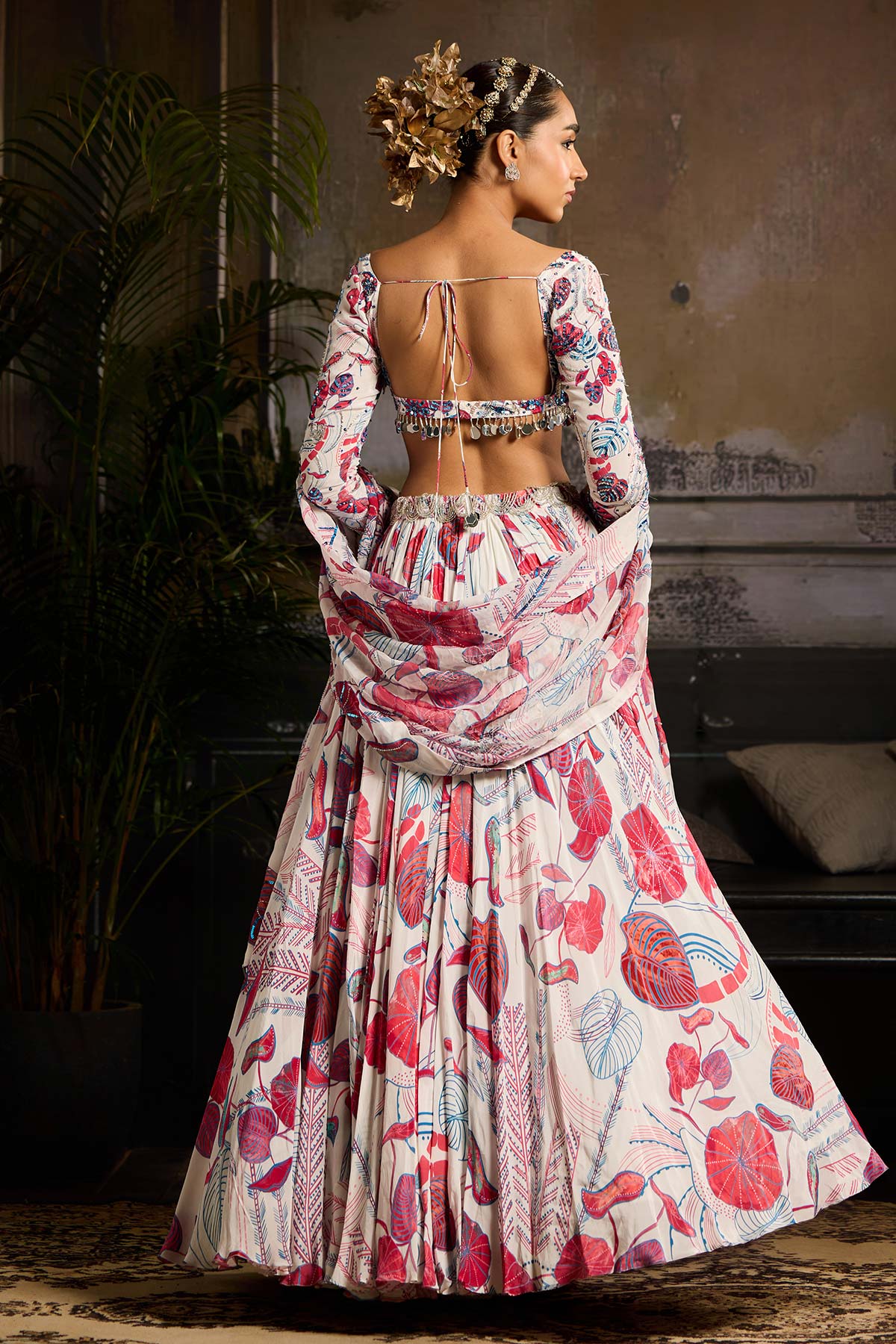 White and Pink Print and Highlighted Lehenga Set