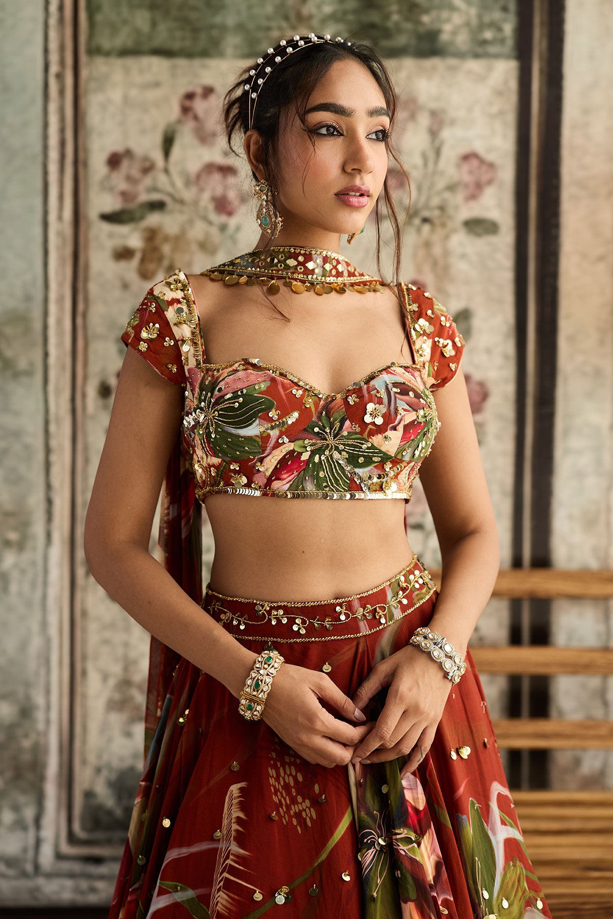 Rust Floral Print And Highlighted Lehenga Set