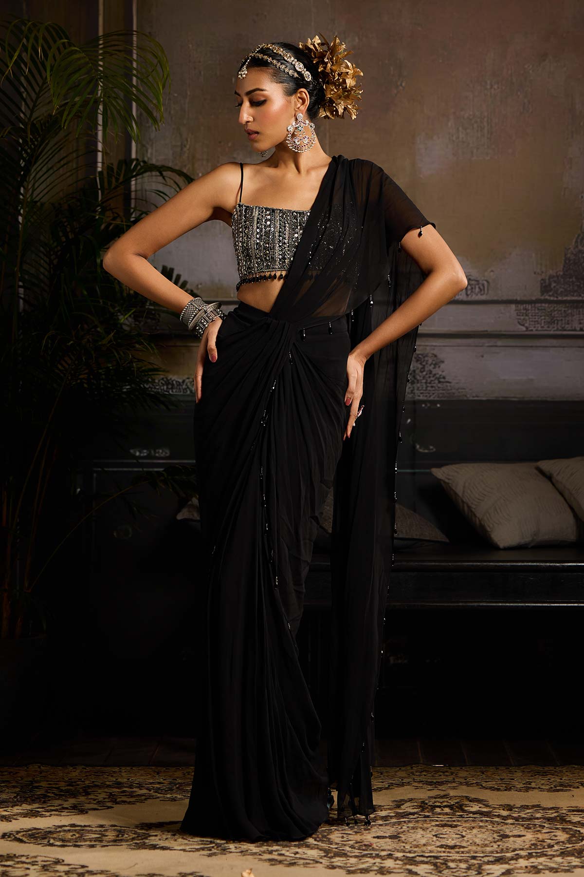 BLACK EMBROIDERED BLOUSE AND SKIRT SAREE SET