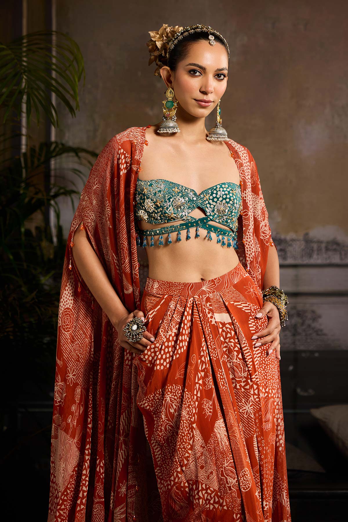 Rust & Teal Print and Highlighted Cape Set