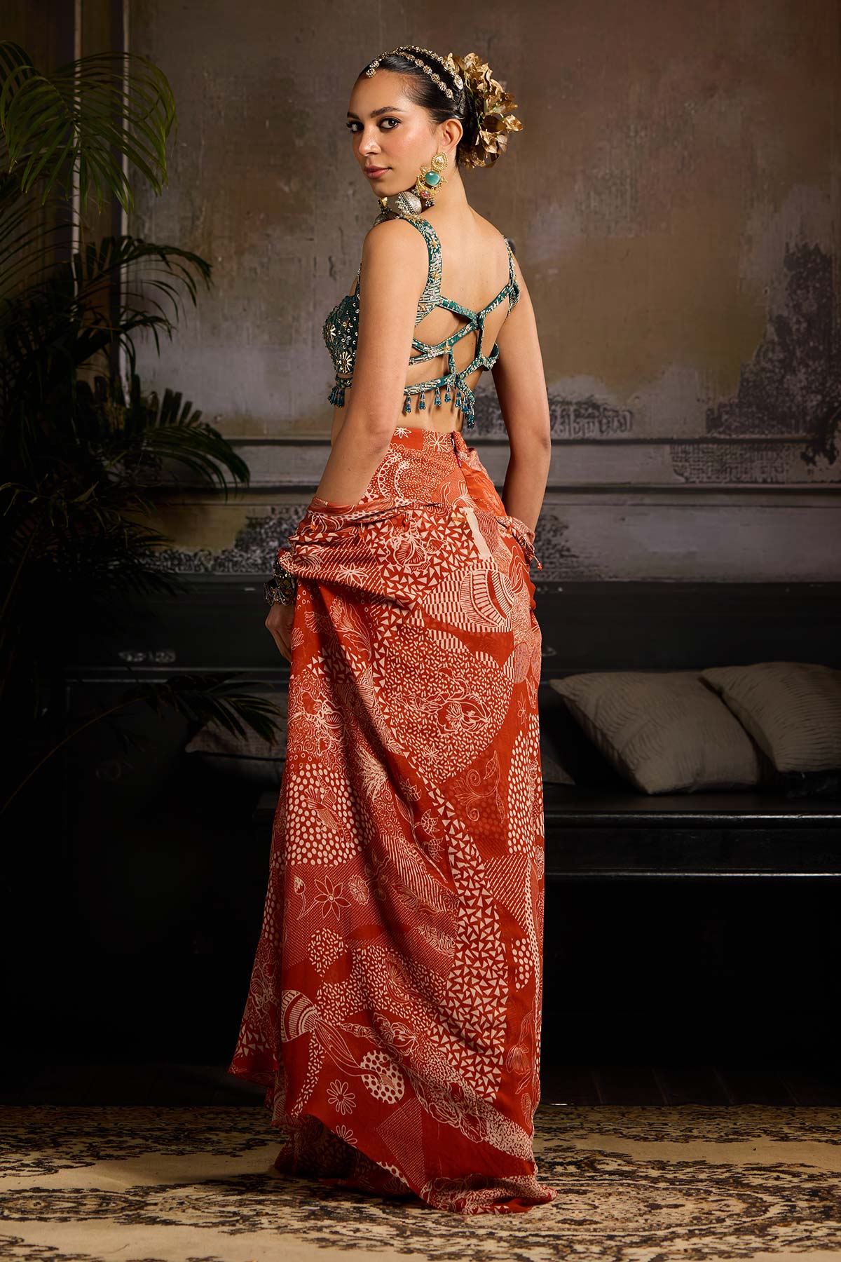 Rust & Teal Print and Highlighted Cape Set