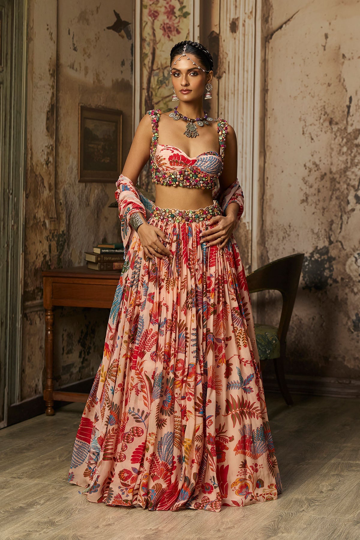 Blush Pink Stone Embroidered Blouse With Printed Lehenga Set