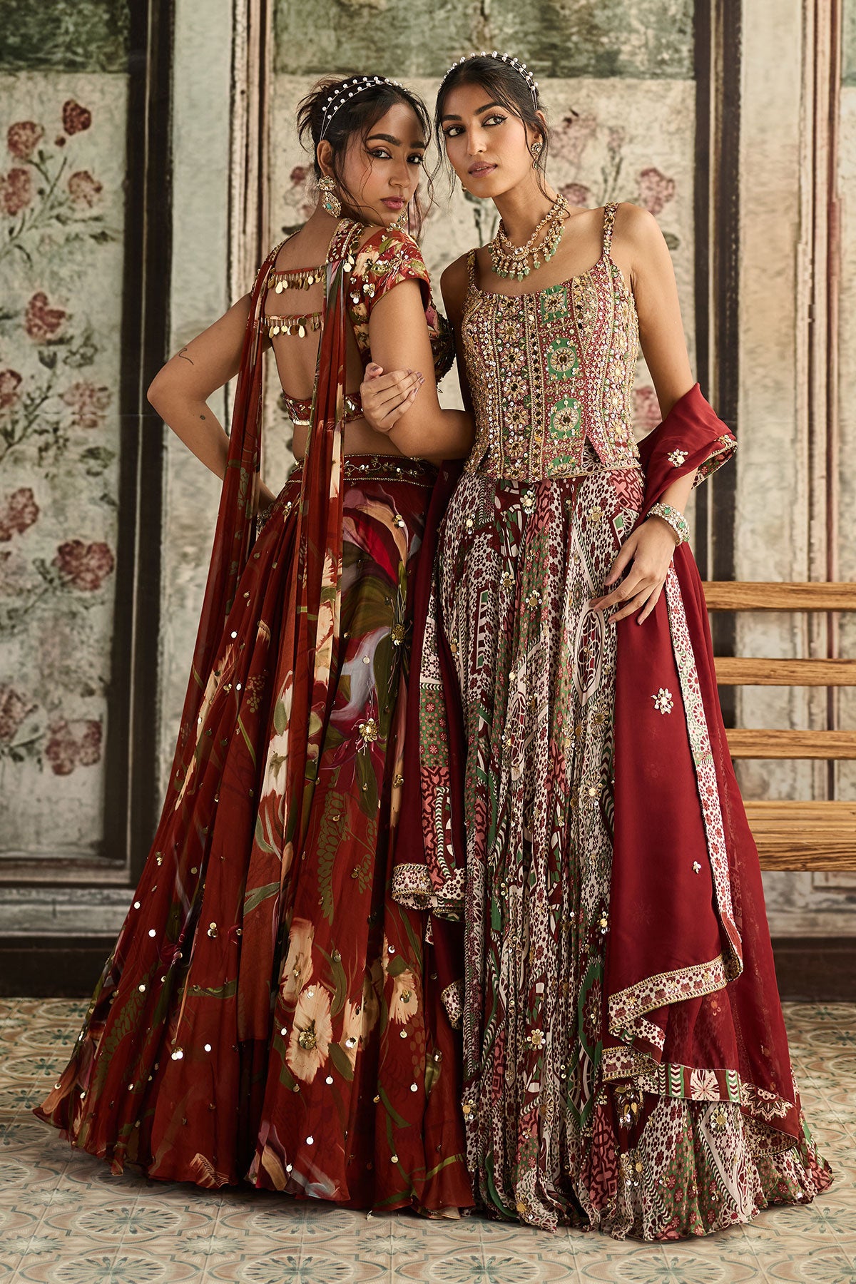 Sage-Maroon Print And Highlighted Corset Blouse Lehenga Set