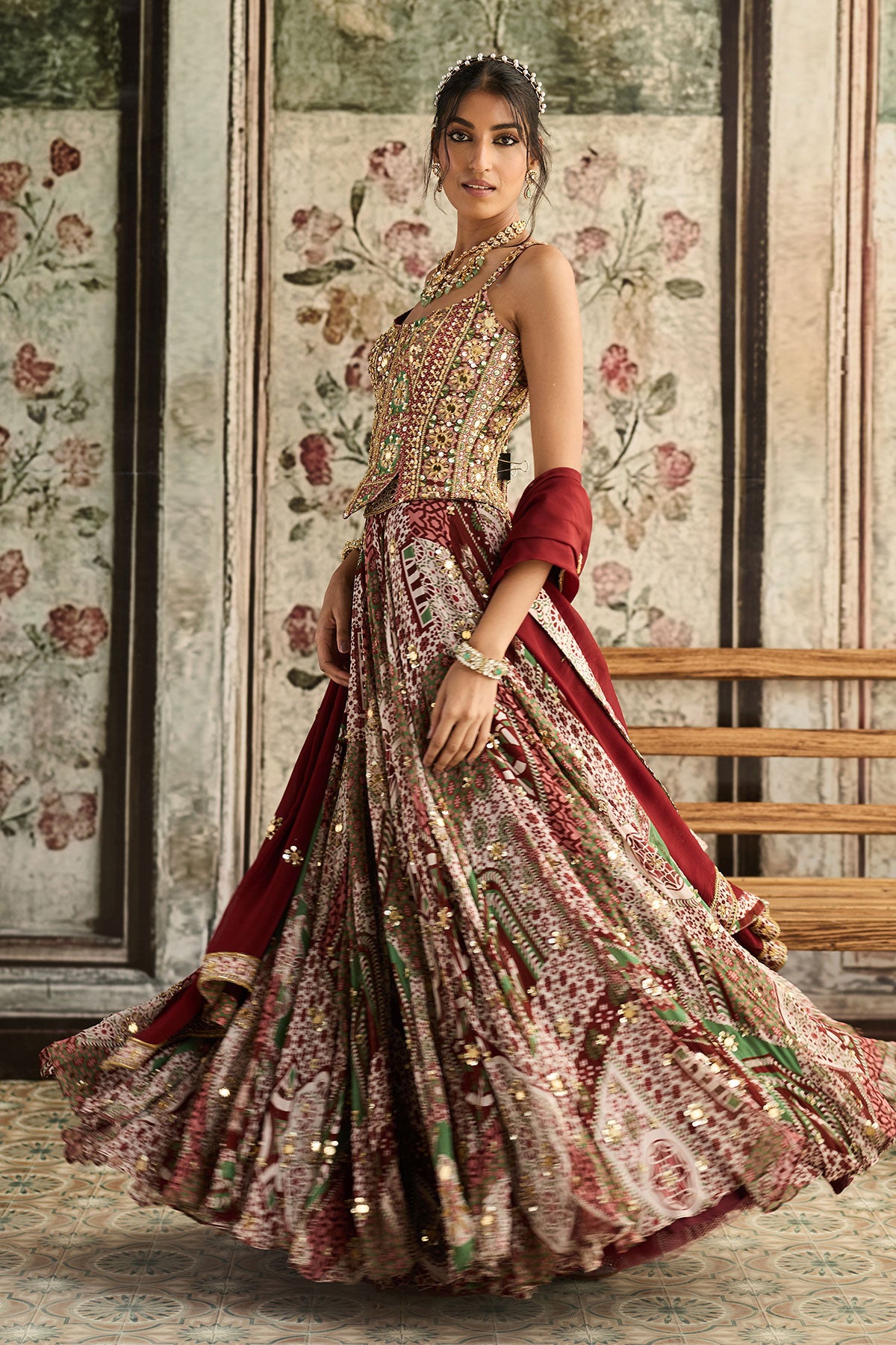 Sage-Maroon Print And Highlighted Corset Blouse Lehenga Set