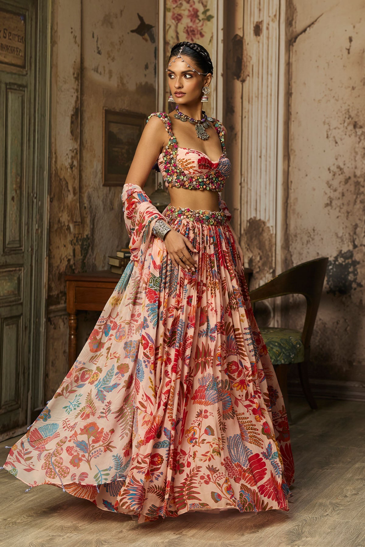 Blush Pink Stone Embroidered Blouse With Printed Lehenga Set