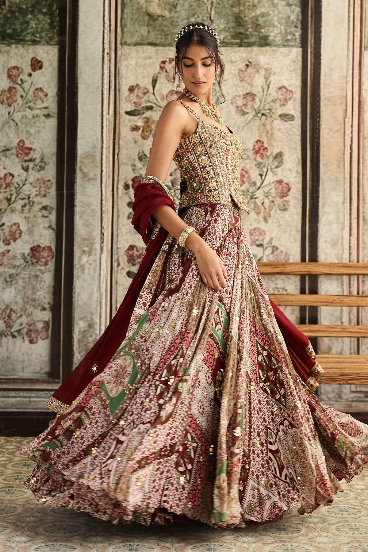 Sage-Maroon Print And Highlighted Corset Blouse Lehenga Set