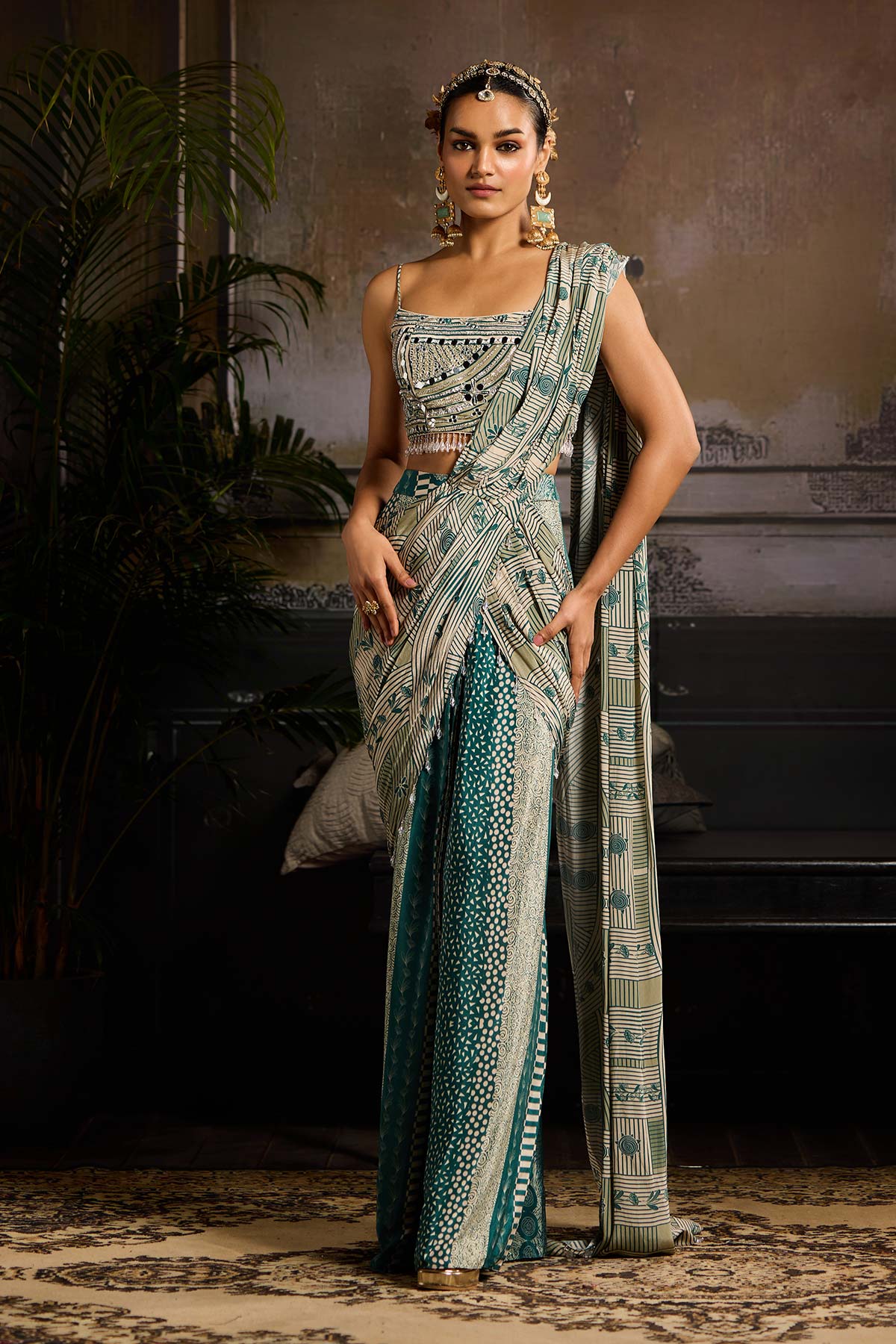Beige & Teal Print and Highlighted Skirt Saree Set