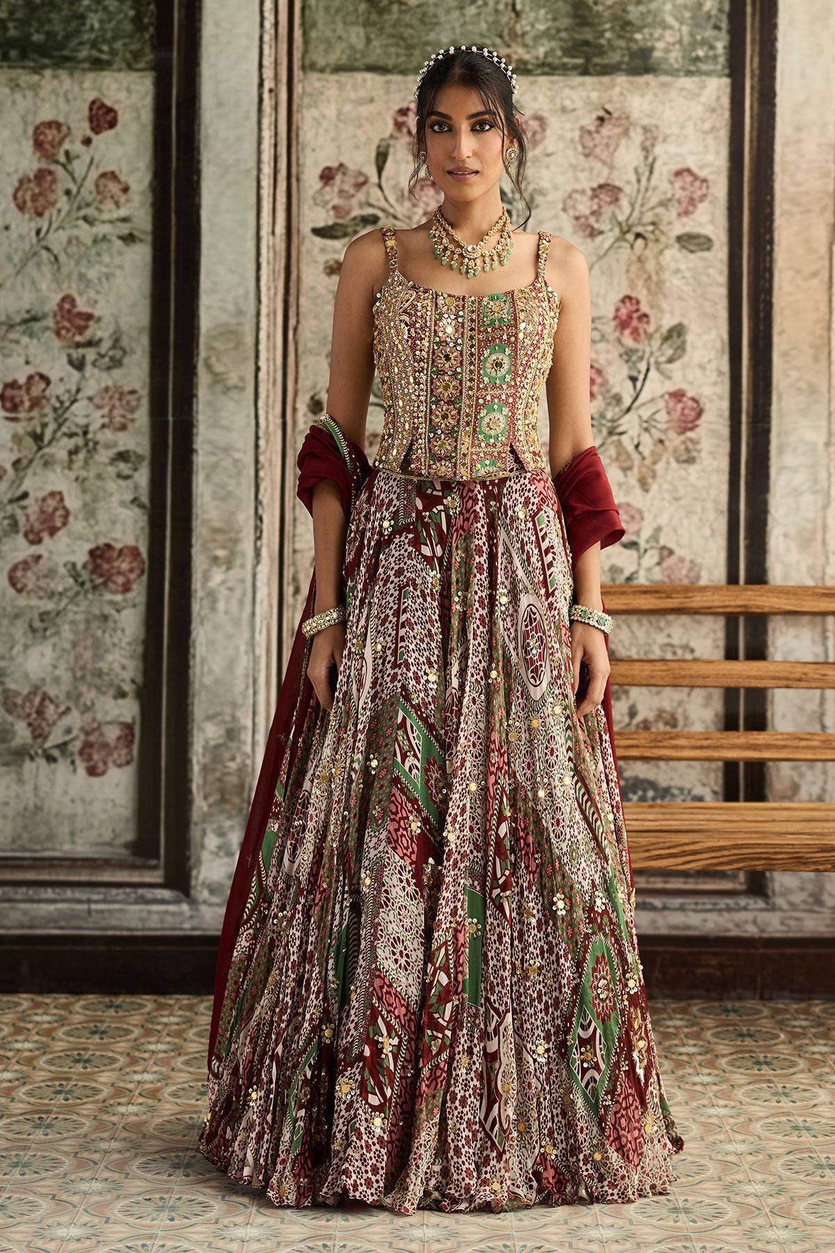 Sage-Maroon Print And Highlighted Corset Blouse Lehenga Set
