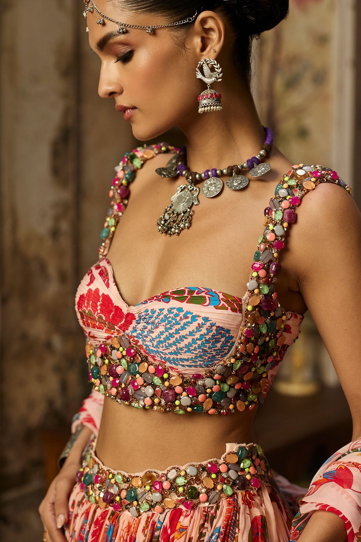 Blush Pink Stone Embroidered Blouse With Printed Lehenga Set